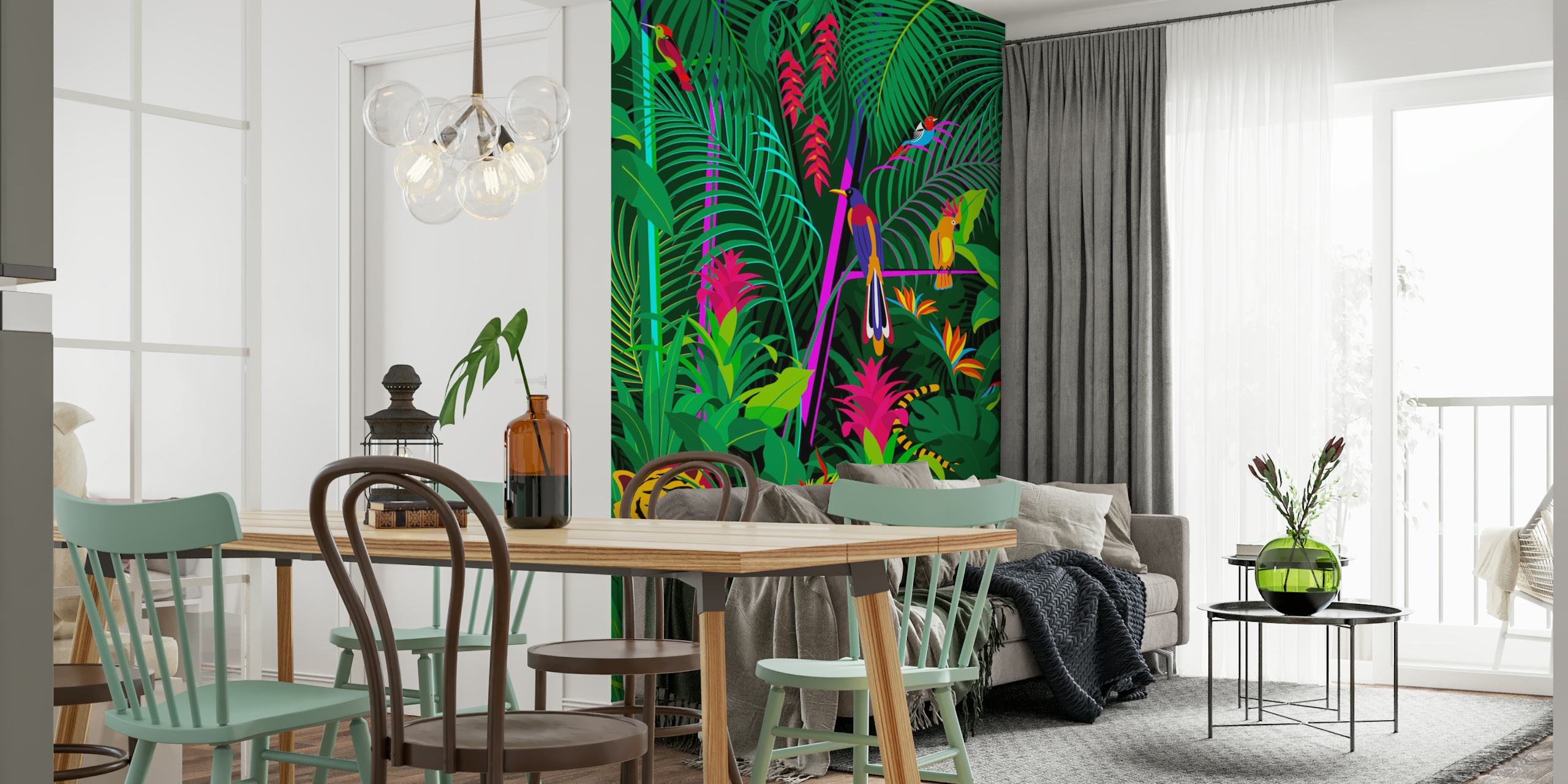 Tropical jungle wallpaper with vibrant birds and a tiger among lush green foliage