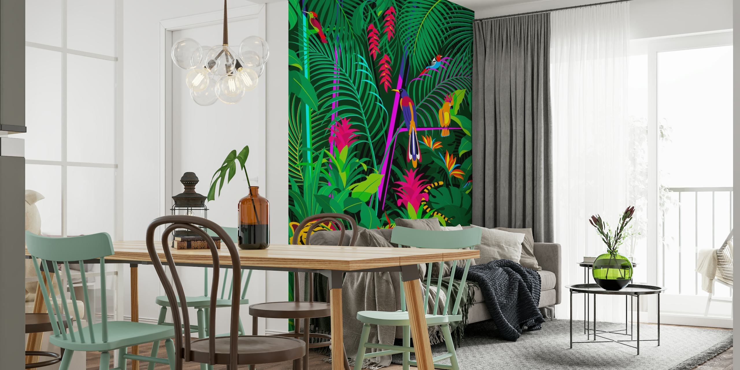 Tropical jungle wall mural featuring dense green foliage, colorful flowers, and a hidden tiger