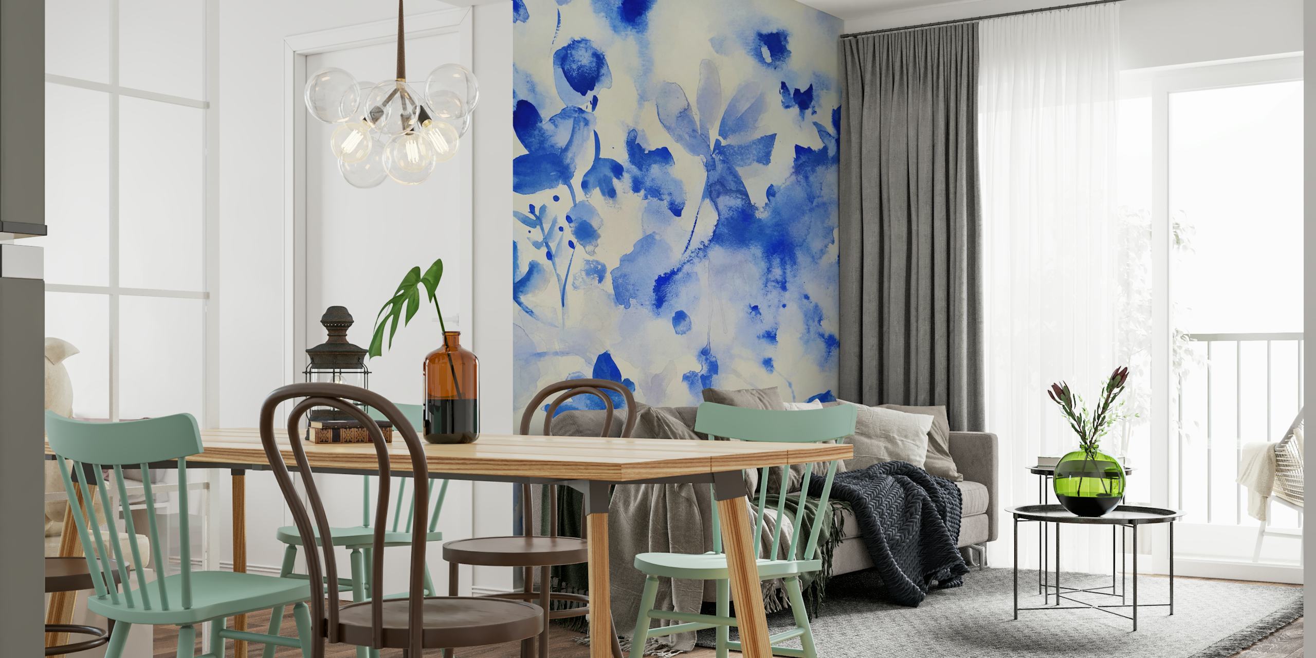 Blue floral wallpaper in a room setting