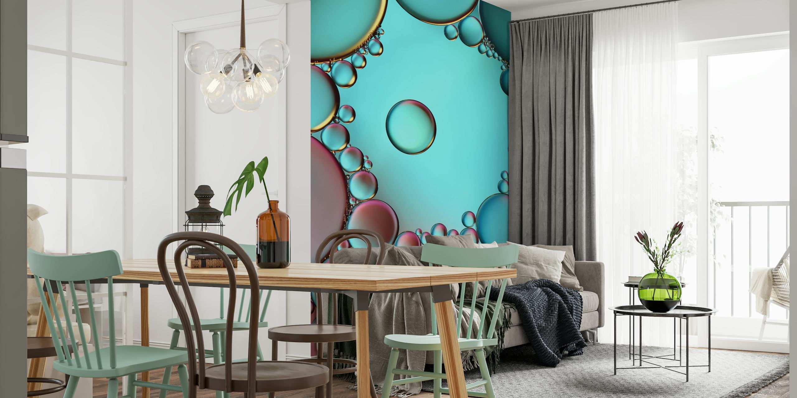 Artistic wall mural featuring multicolored bubbles on a teal background symbolizing protection and enclosure