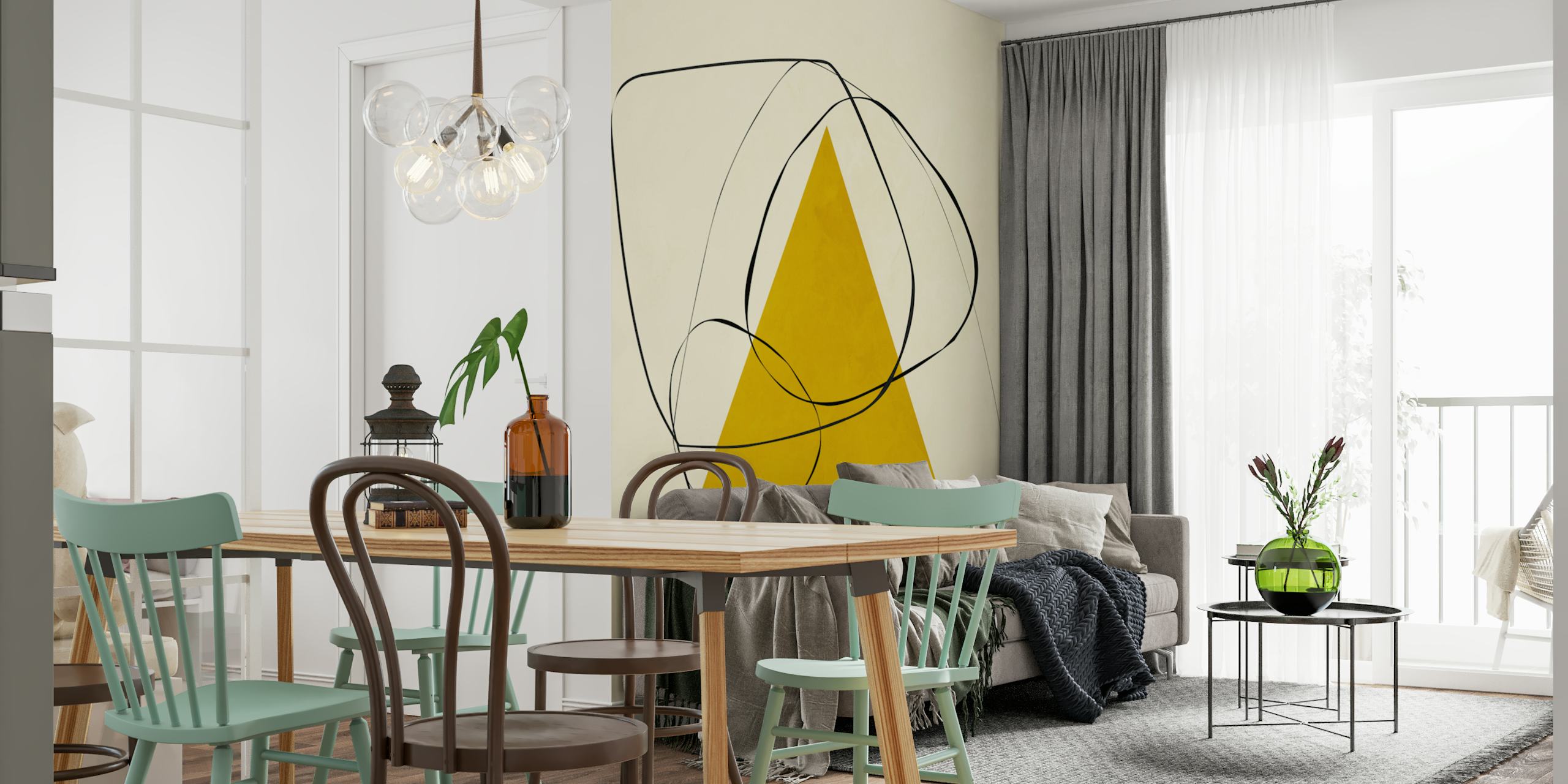 Abstrakt gul pyramid och svarta linjer Väggdekor