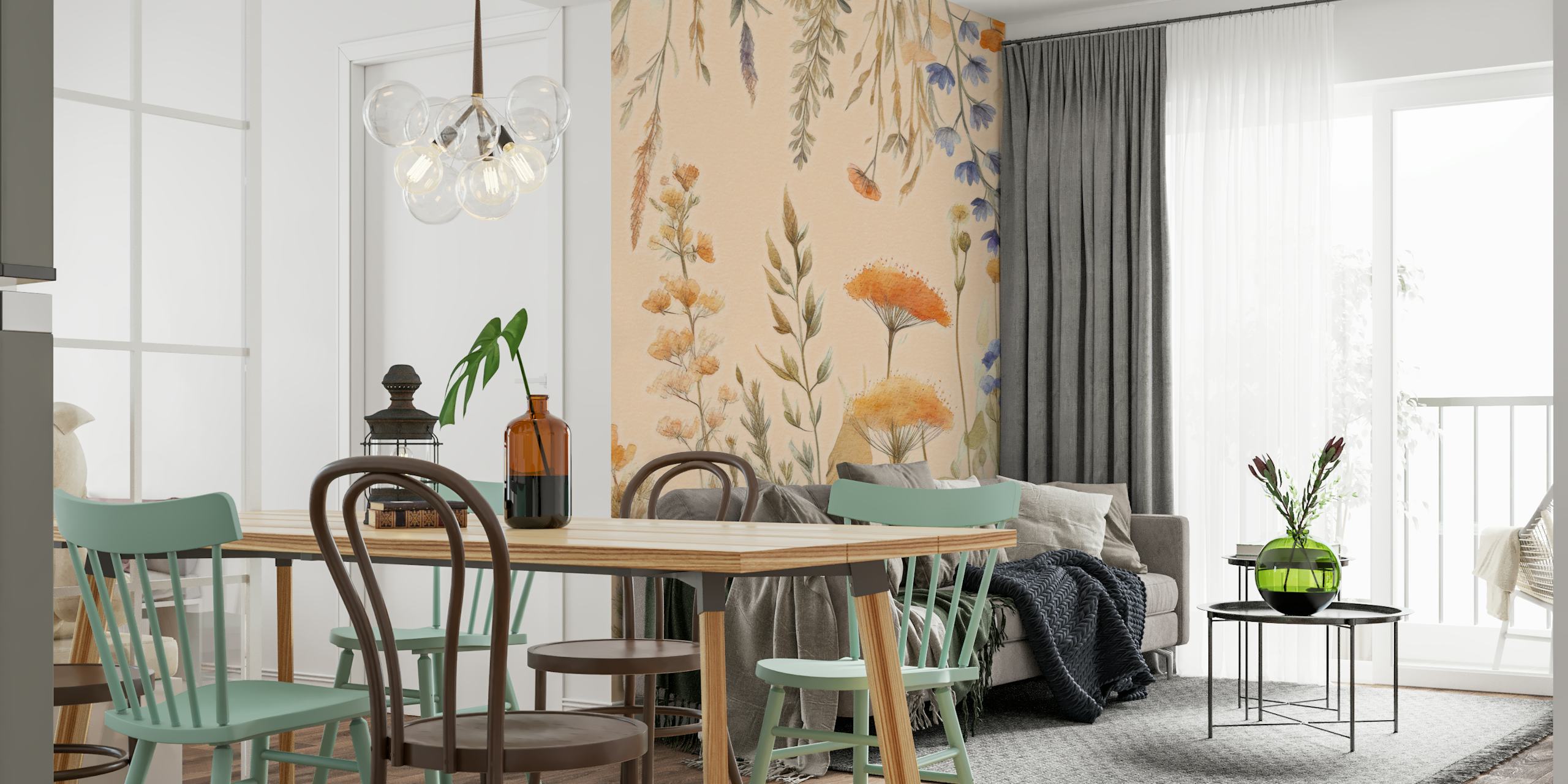 Peach Fuzz Wildflower Akvarel vægmaleri med delikate akvarel vilde blomster på en varm fersken baggrund