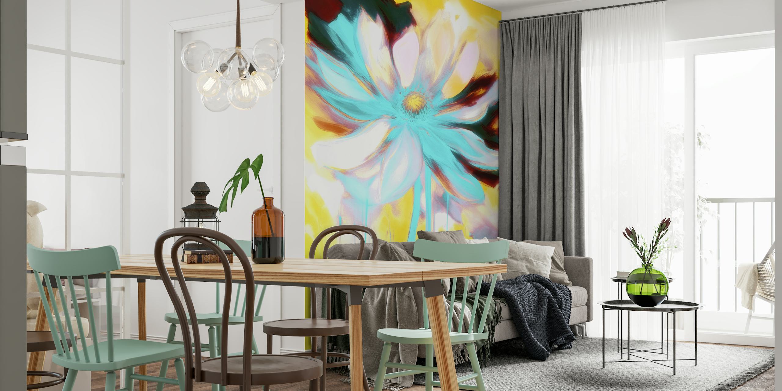 Stylized graffiti flower wall mural with vibrant colors