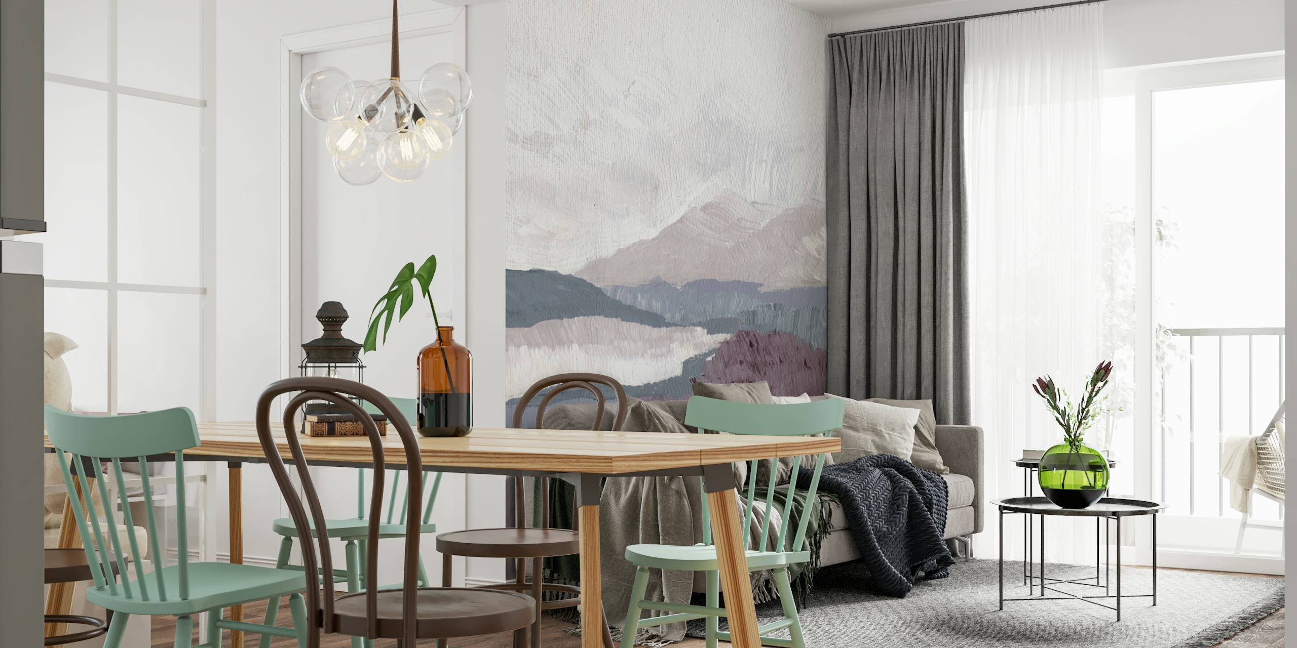 Abstrakt drömskt landskap tapet med lager av lila, blått och vitt