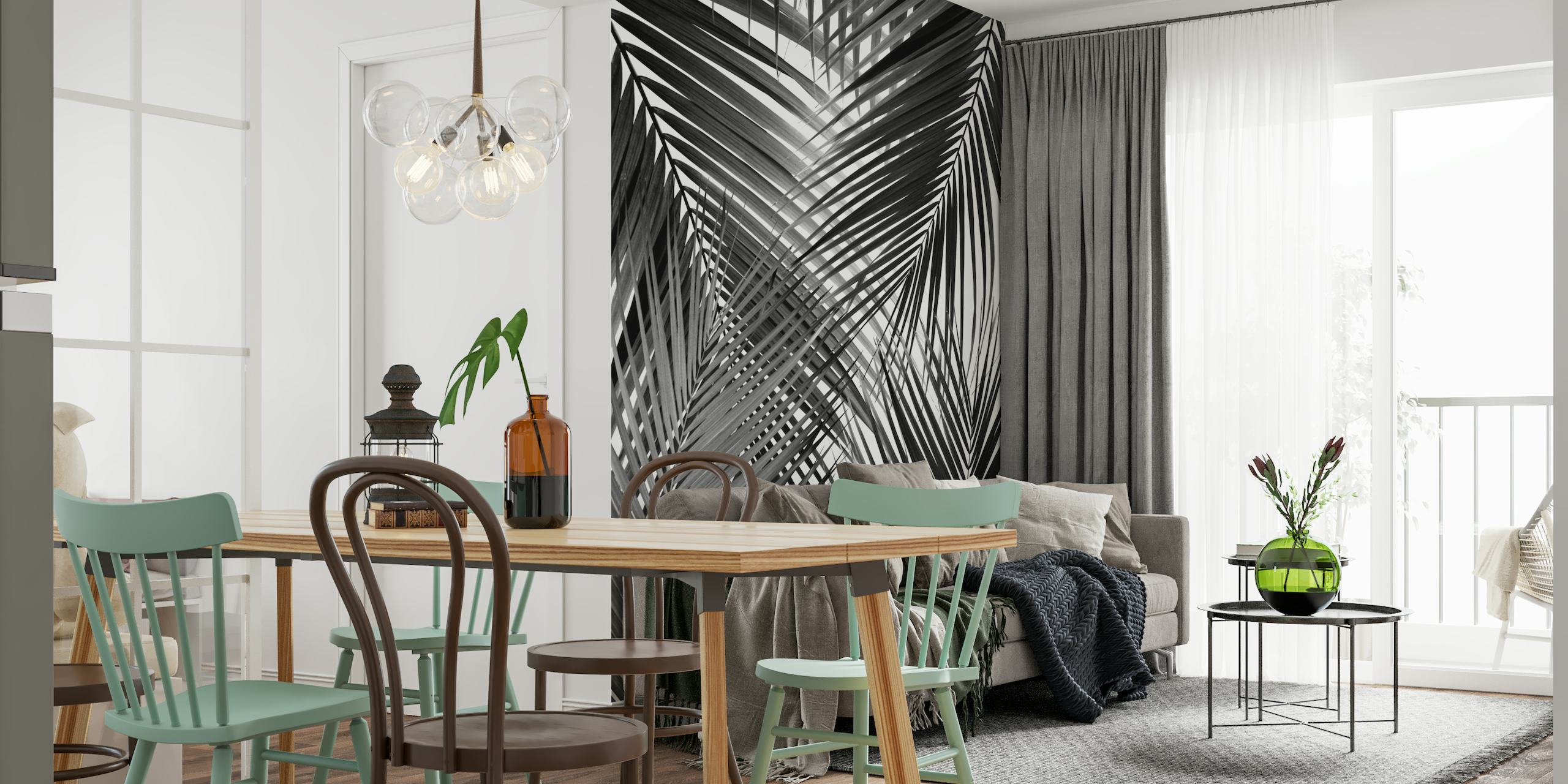 Black and white mural of abstract palm leaves design