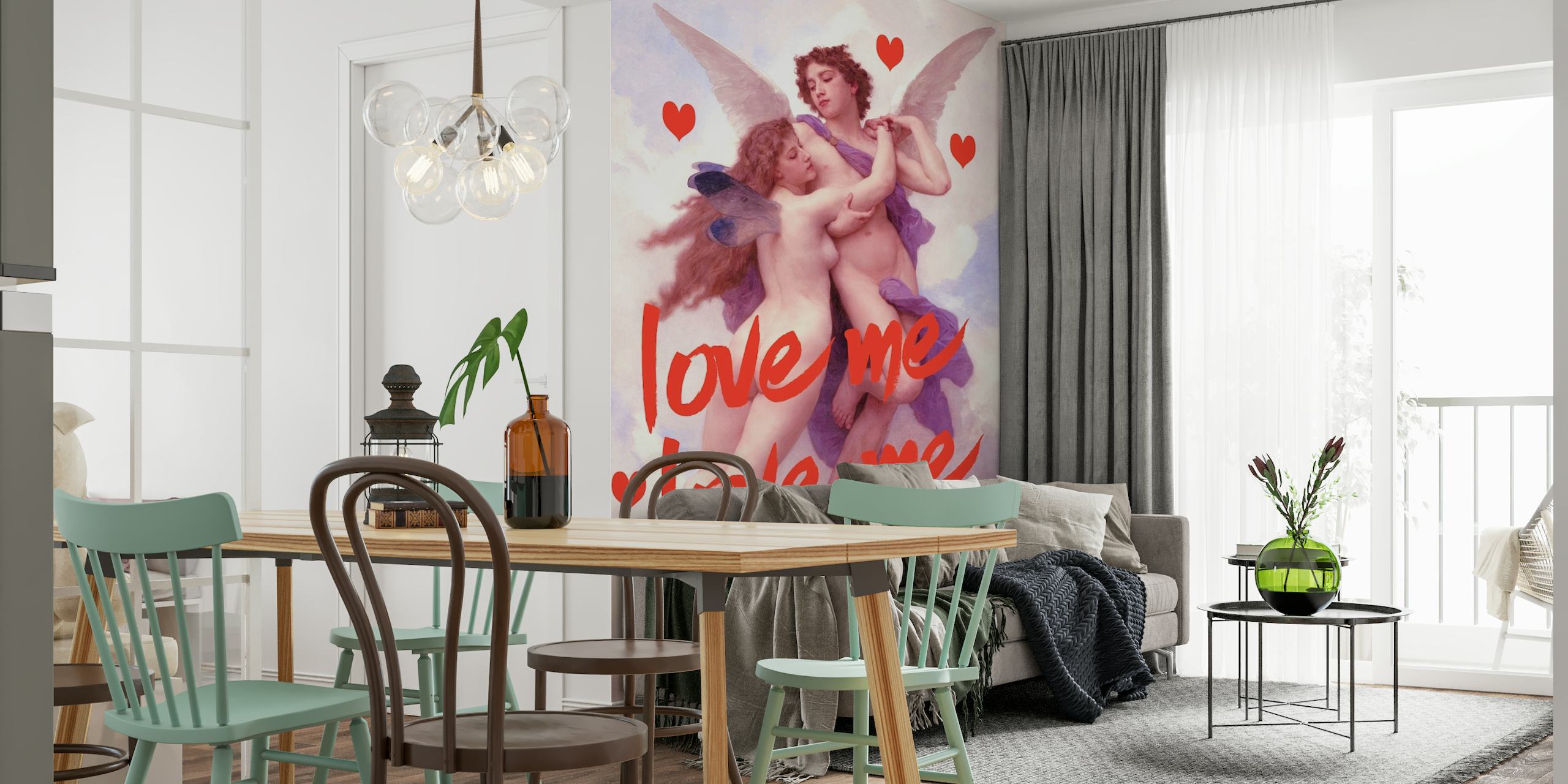 Romanttinen Love Angel seinämaalaus enkeleillä ja sydämillä