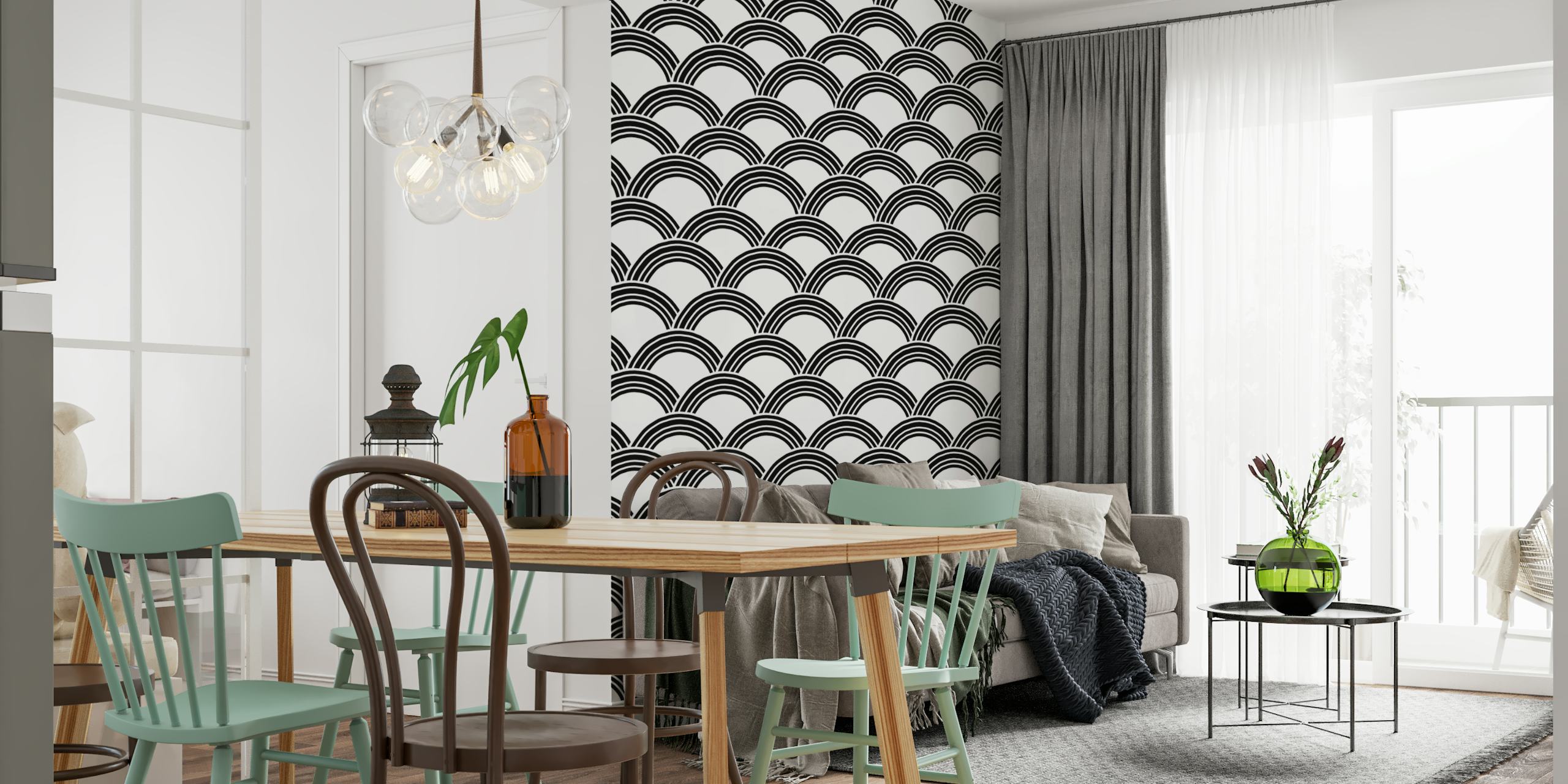 Papel de parede Japanese Wave BW Glam 1 em um quarto