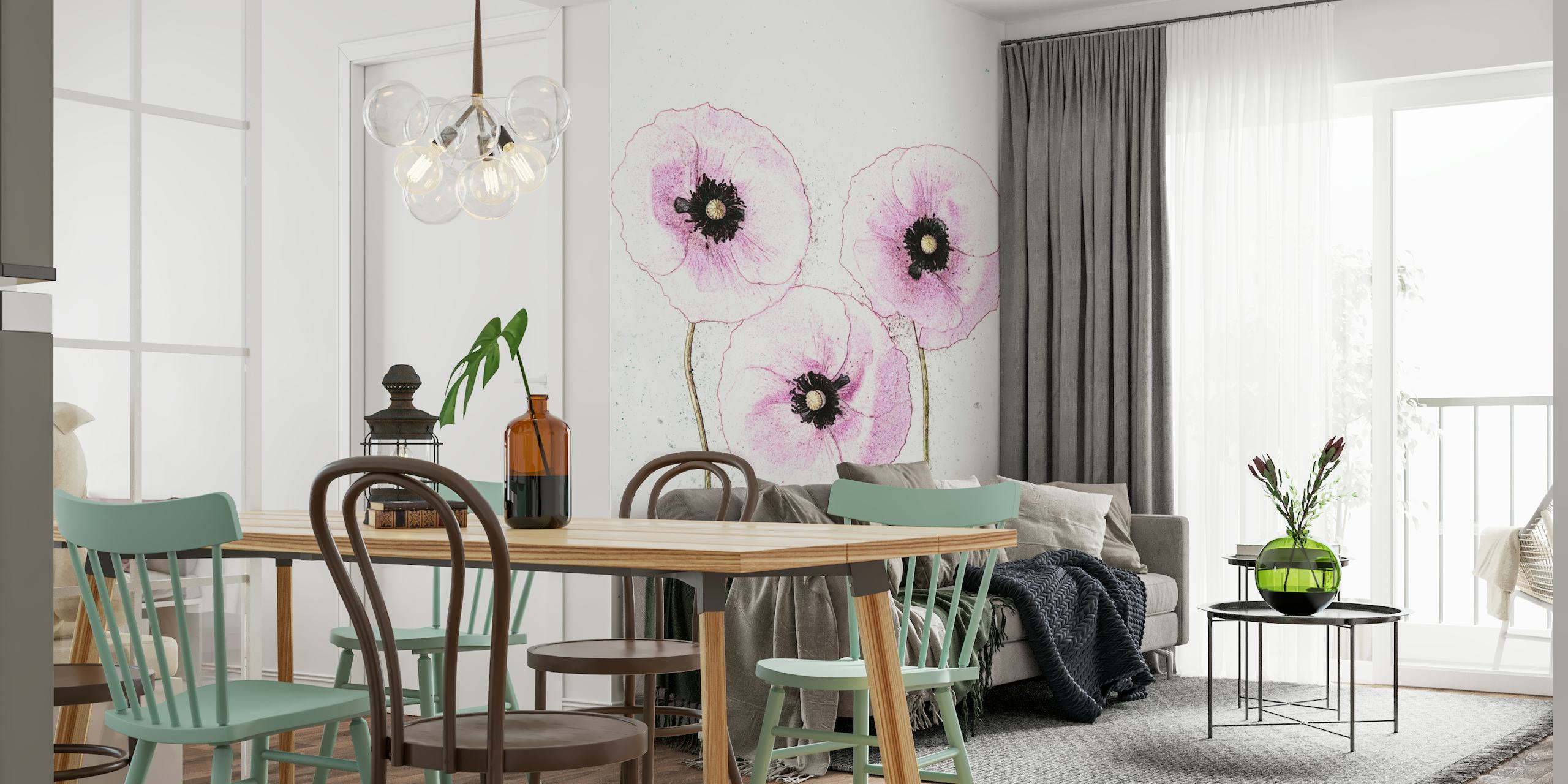 Fototapete mit zarten rosa Mohnblumen auf strukturiertem Hintergrund