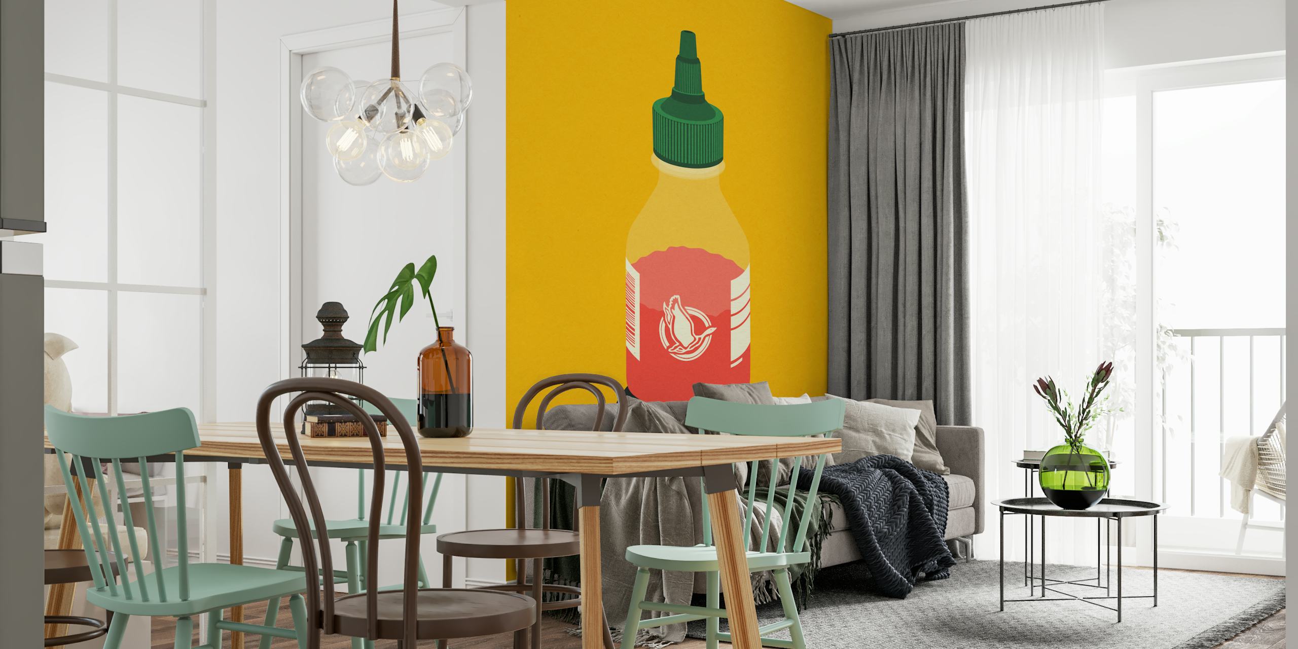 Hot sauce bottle illustration wall mural on a yellow background