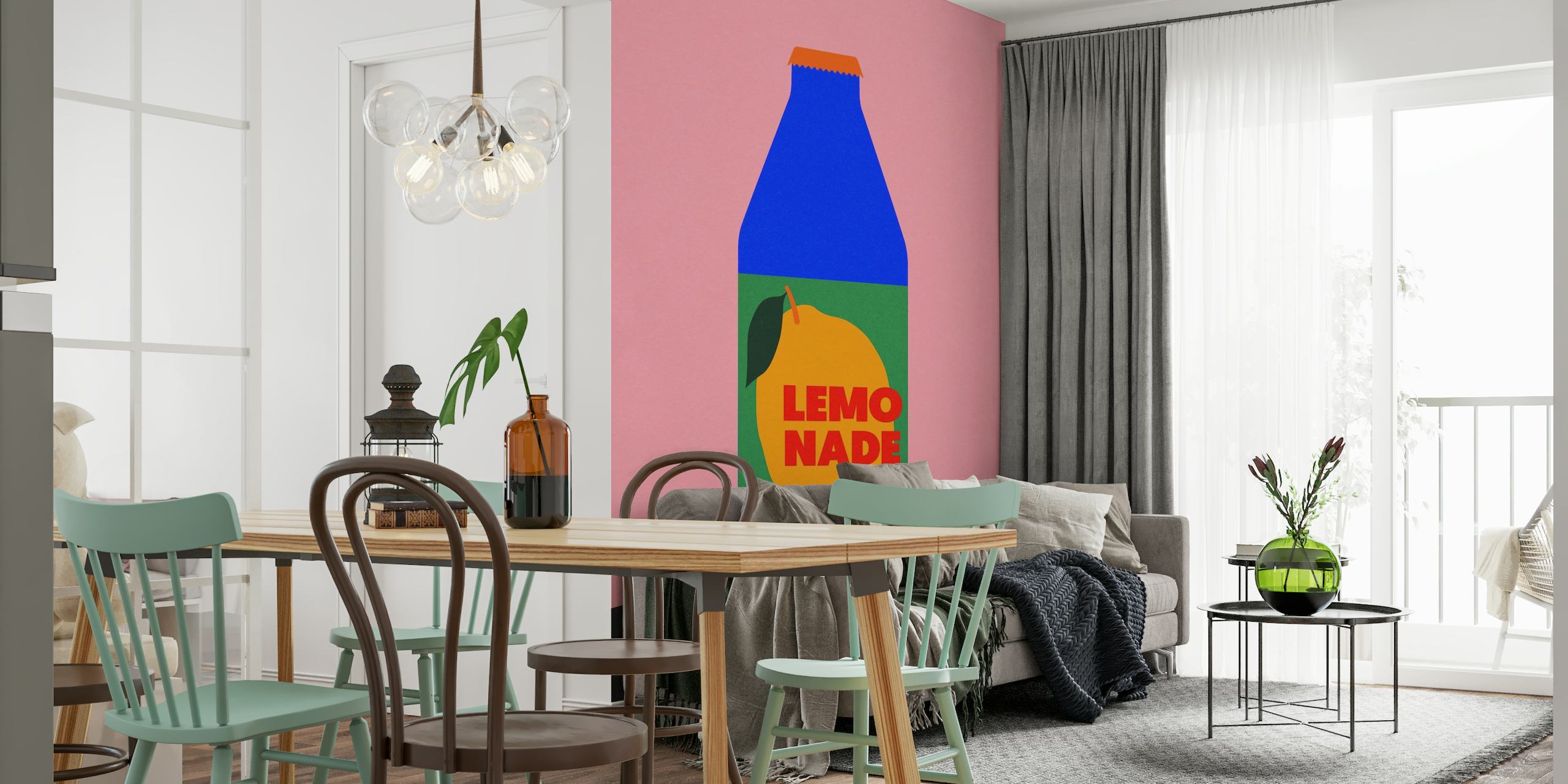 Carta da parati moderna 'Lemo Nade' con sfondo rosa e illustrazione di una bottiglia blu