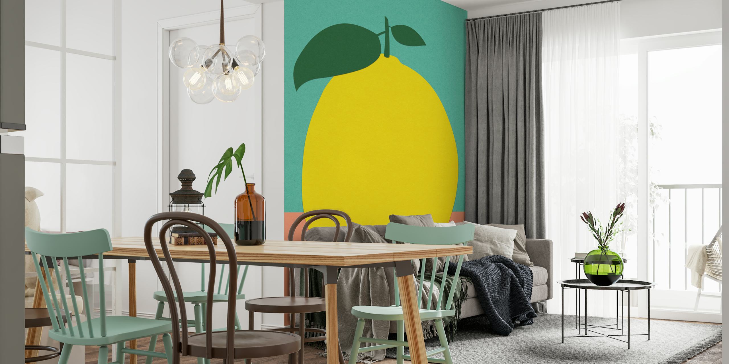 Lemon with two leaves papel pintado en una habitación