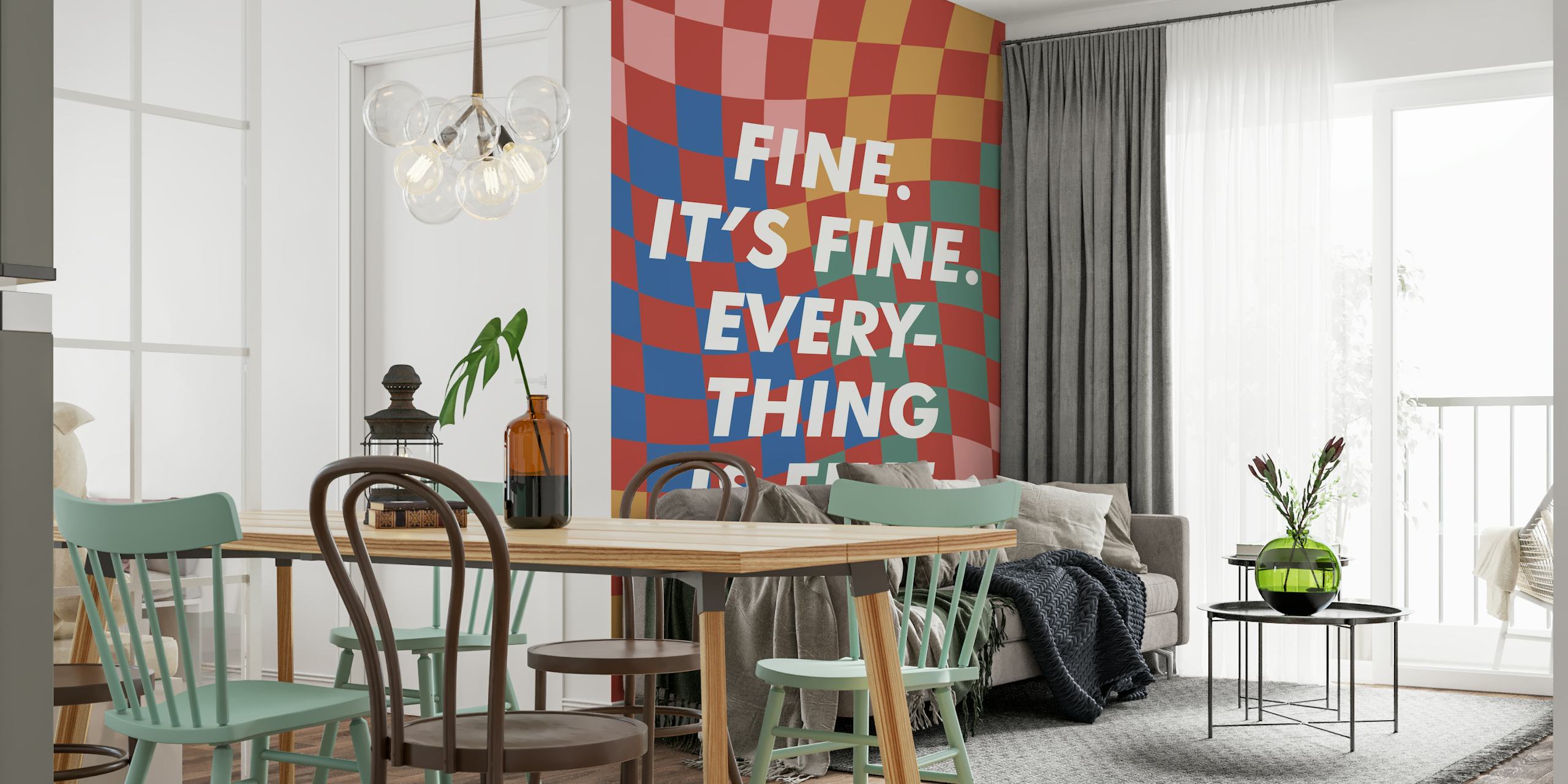 Colorful wallpaper with positive messaging in a room
