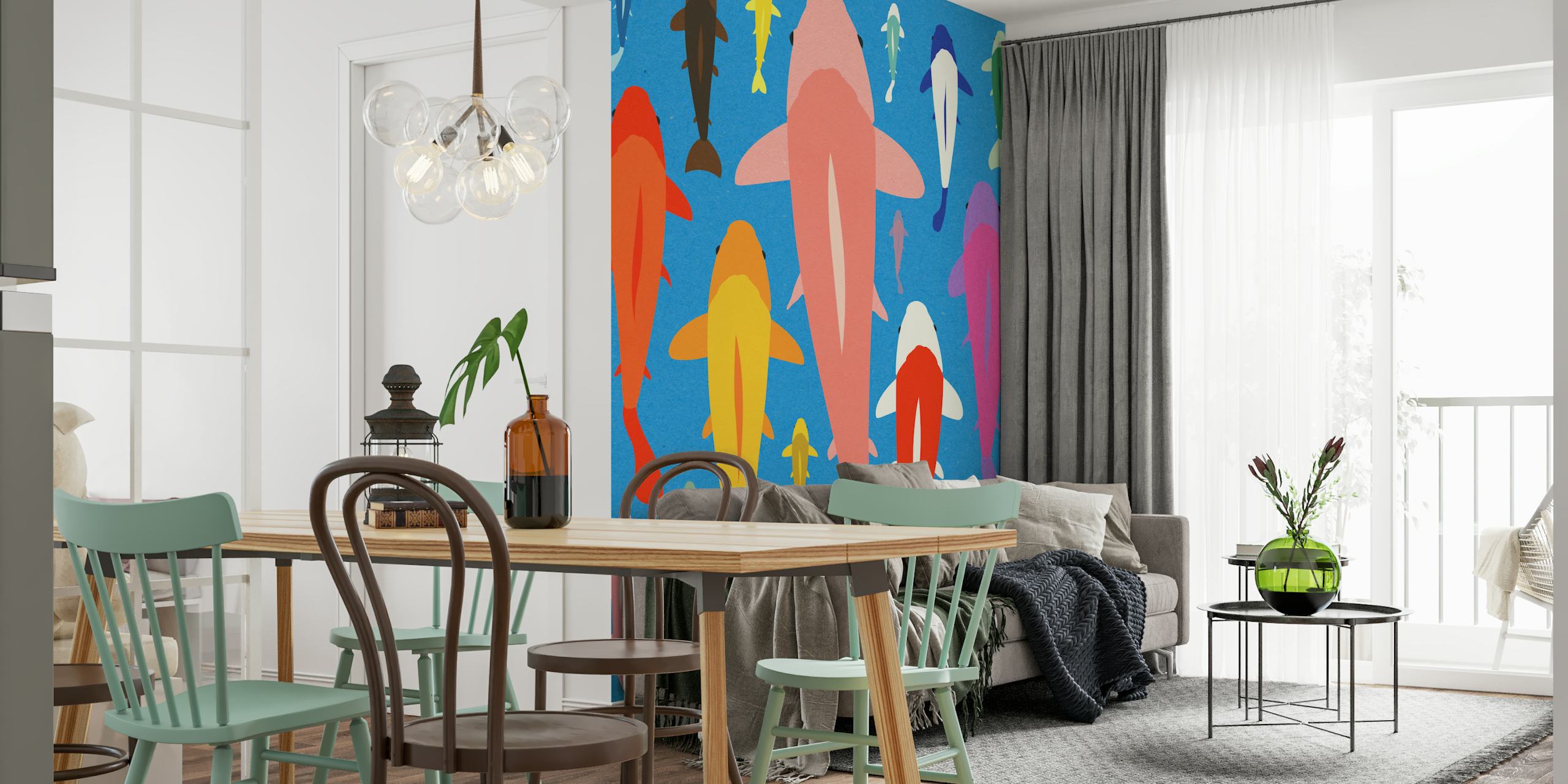 Kleurrijke Koi Vissen Muurdecoratie op Blauwe Achtergrond