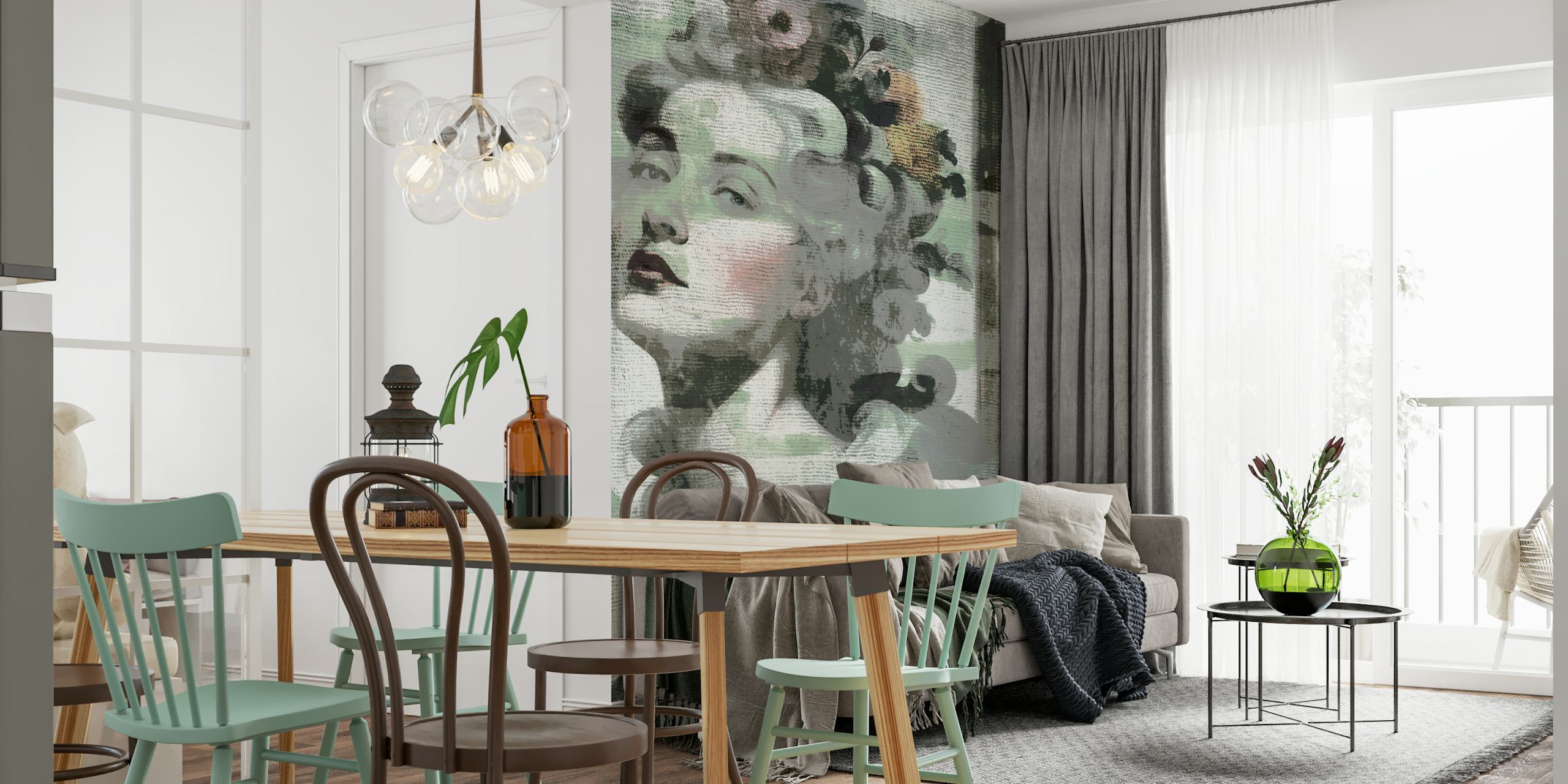 Madame Baroque Floral Canvas wall mural featuring a classical portrait with flowers