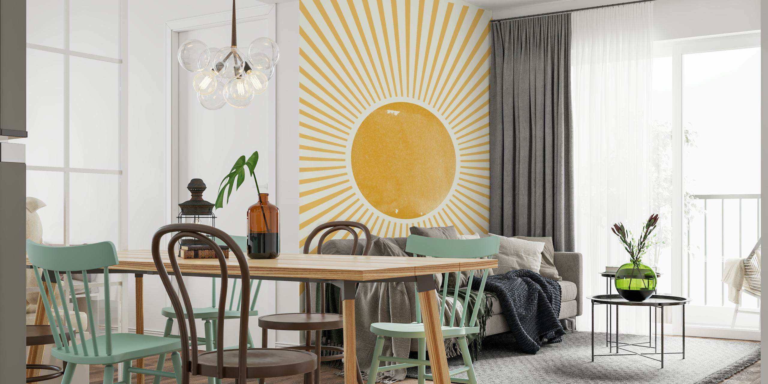 Vintage sun wall mural in golden hues with a retro 70s vibe