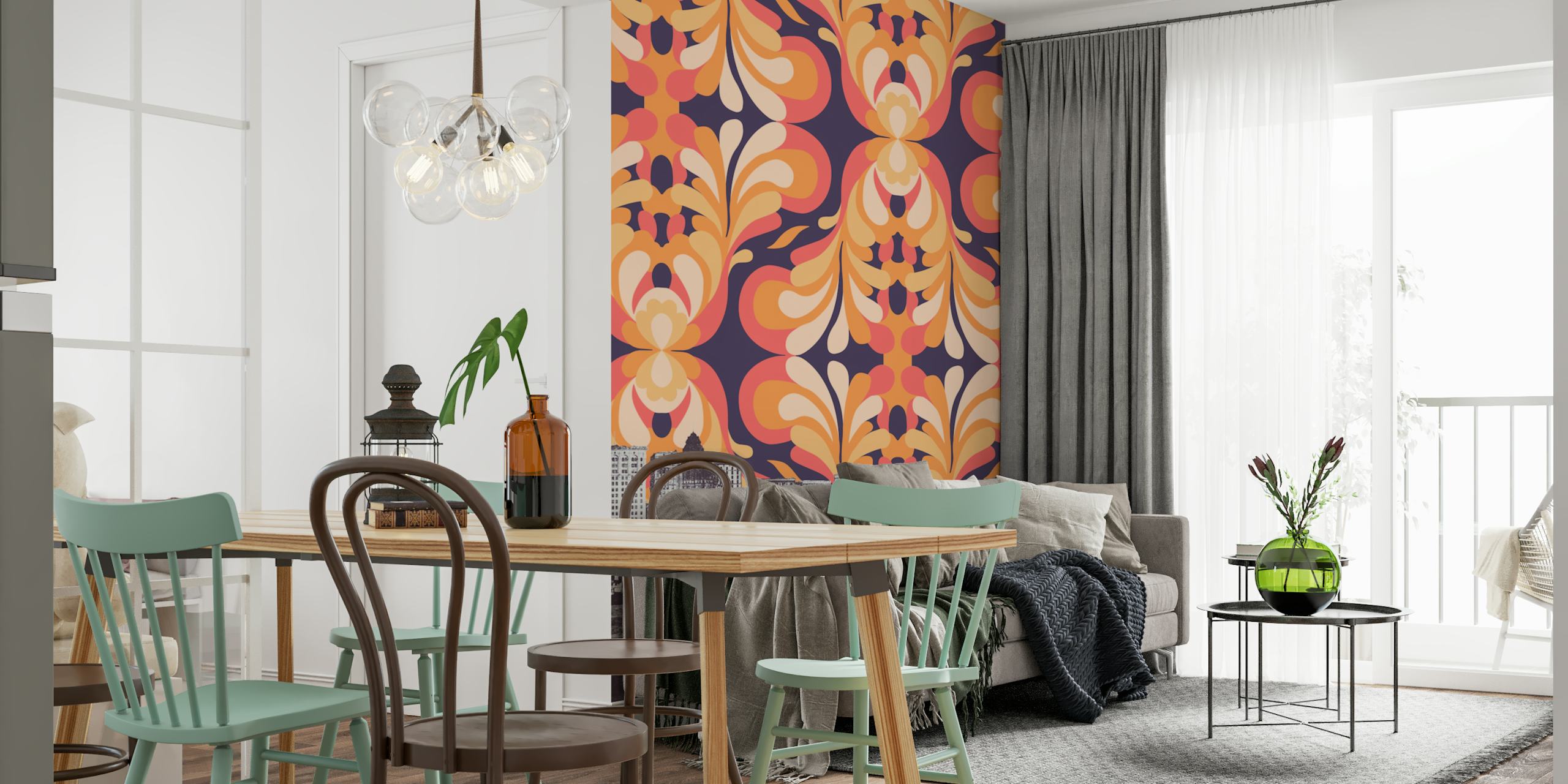Colorful sky above New York wallpaper in a room