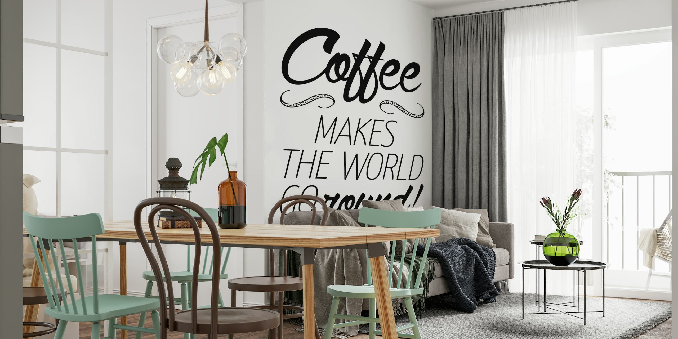 Mural de parede tipográfico com 'O café faz o mundo girar!' citação e mancha de xícara de café