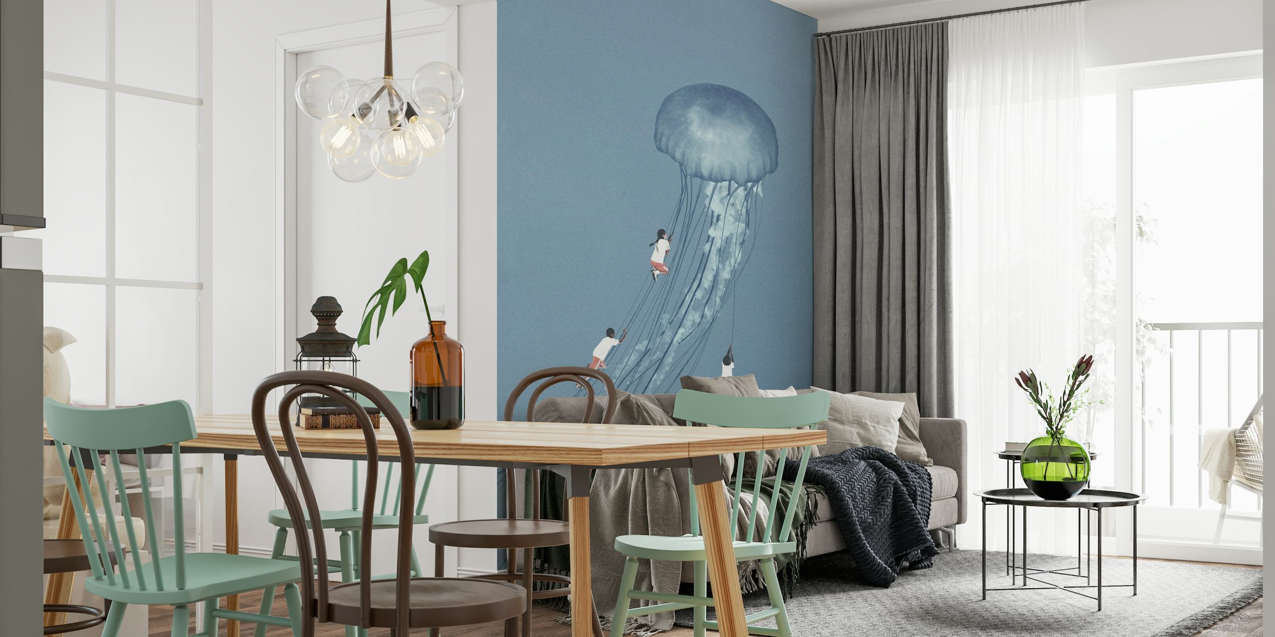 Surrealistinen meduusa hahmoilla seinämaalaus