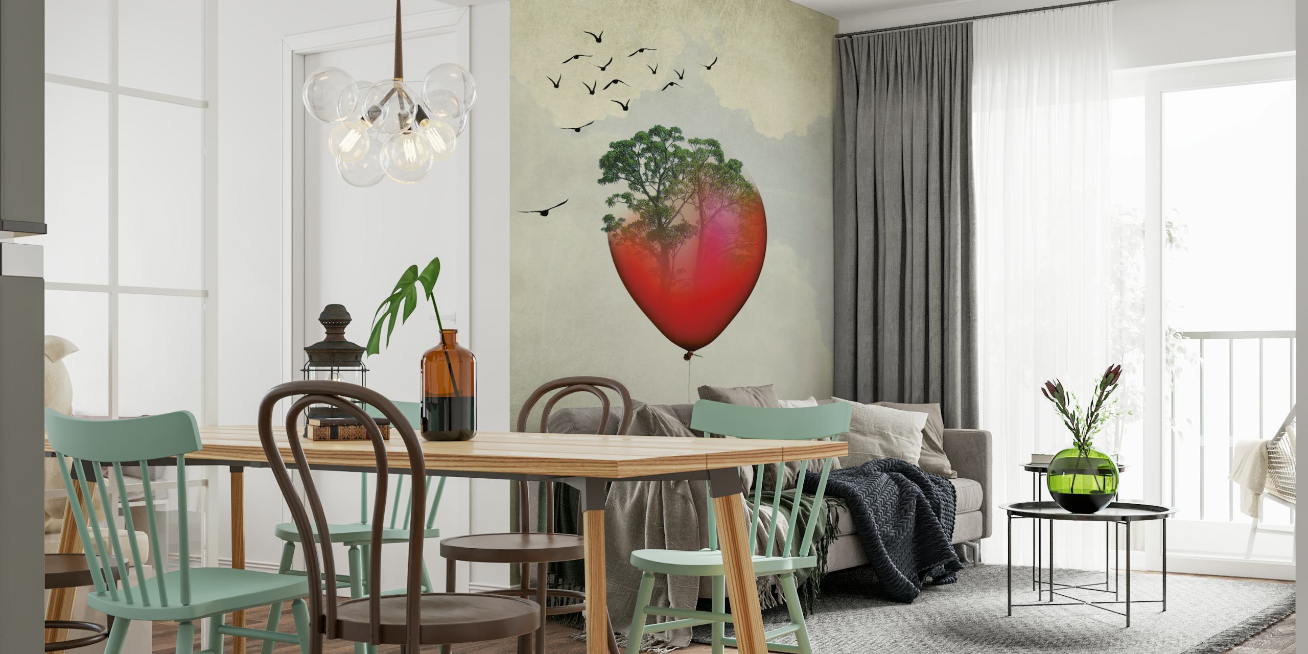 Red balloon with tree design and birds mural wallpaper
