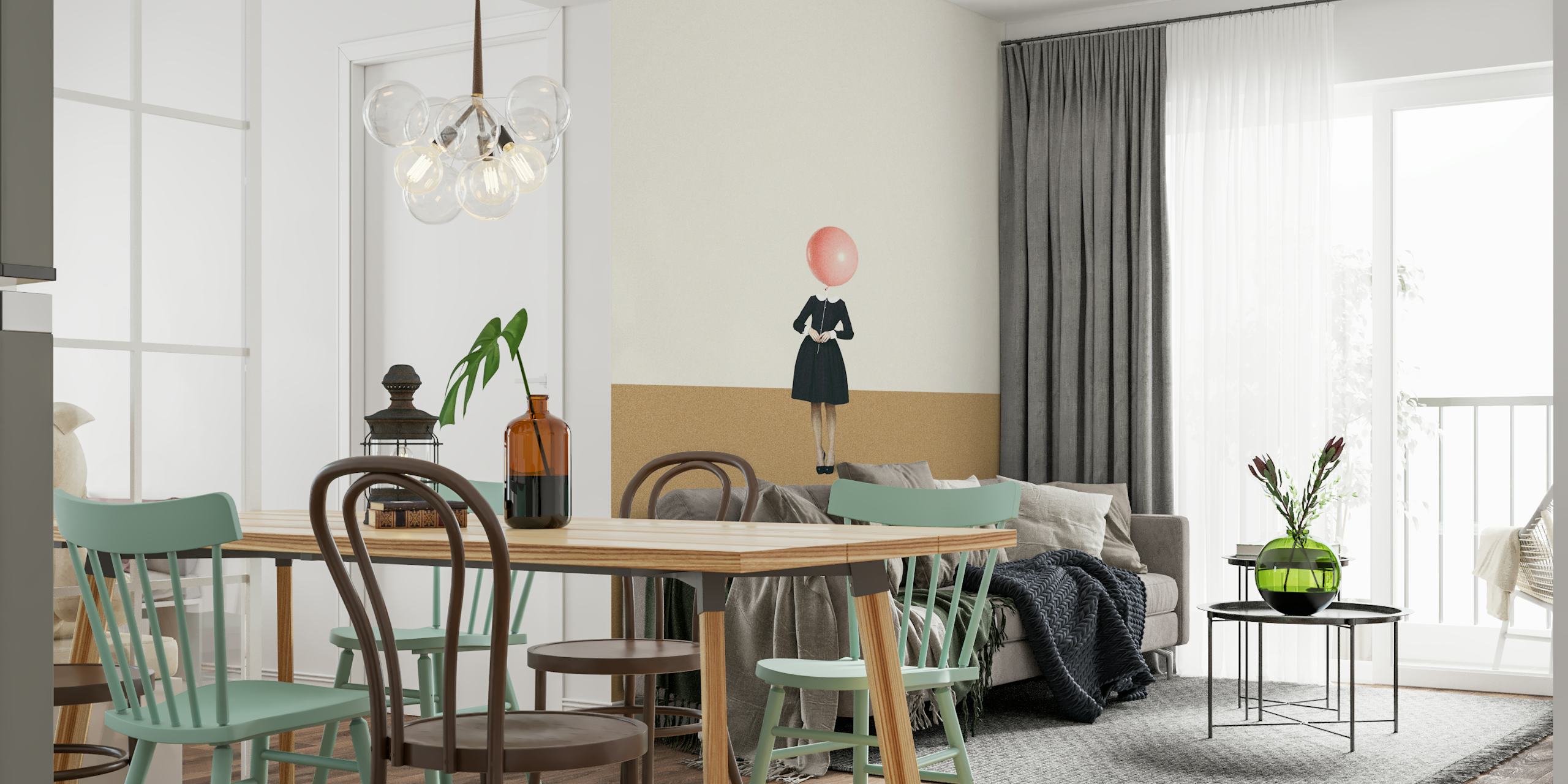 Strukturierte beige und weiße Tapete mit stilisierter Figur und rosa Ballon