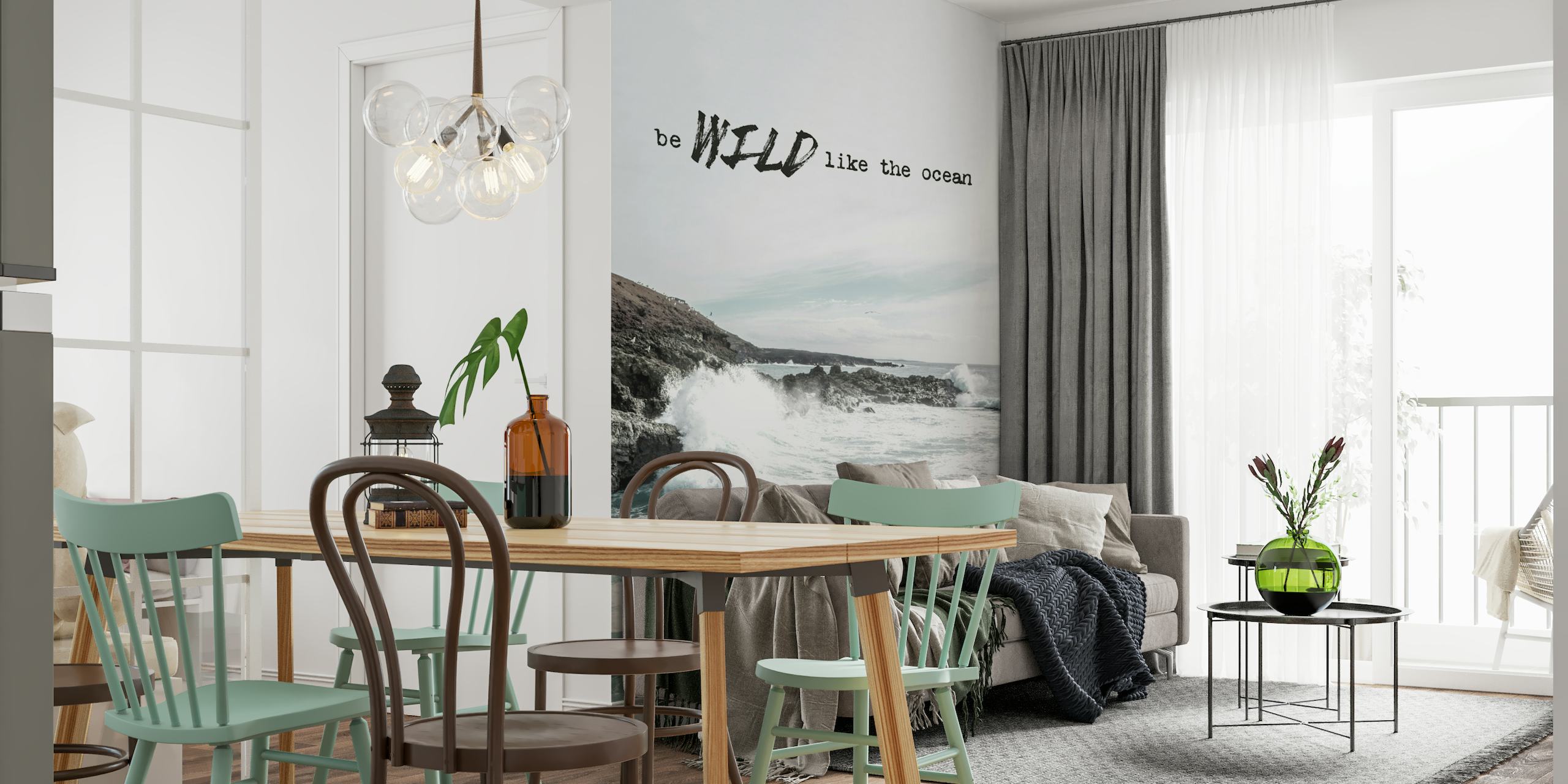 Ocean wall mural with crashing waves and rocky cliffs with the text 'be WILD like the ocean'