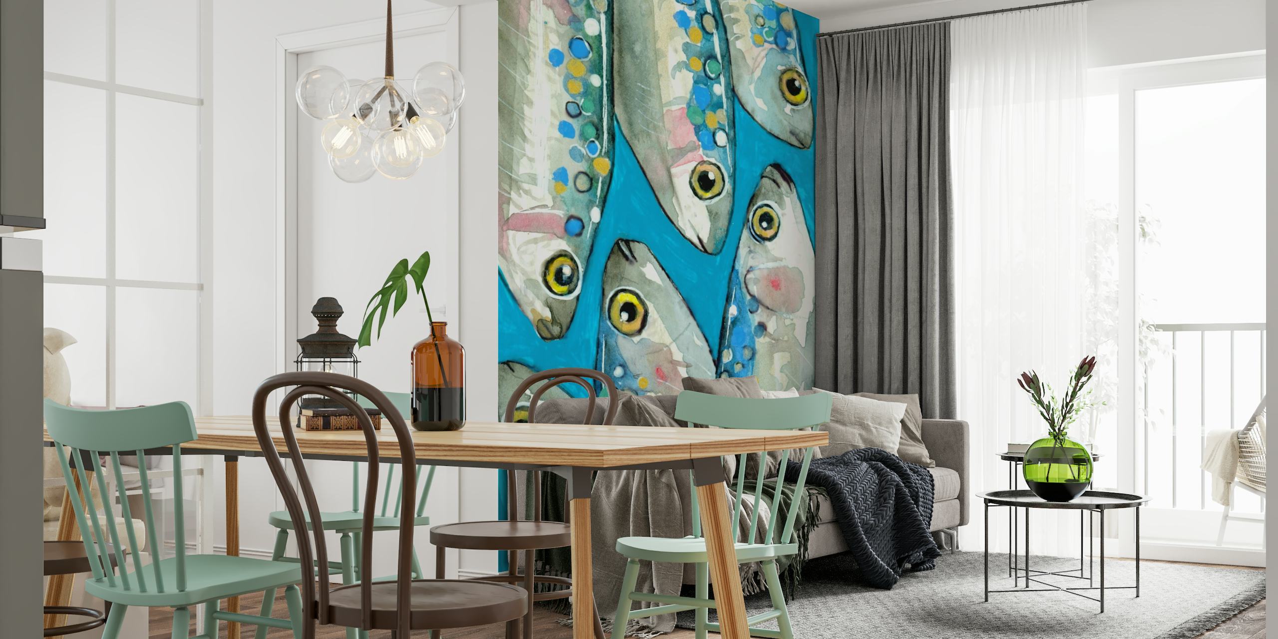 Hand-painted fish wall mural with blue watercolor background