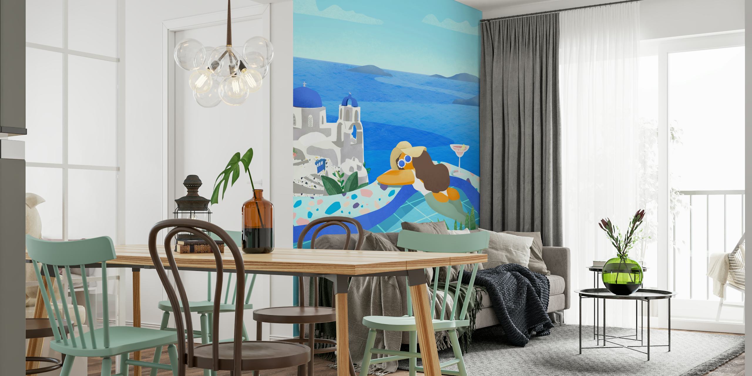 Mural animado de cena de verão grego com cúpulas azuis, piscina infinita e vista para o mar
