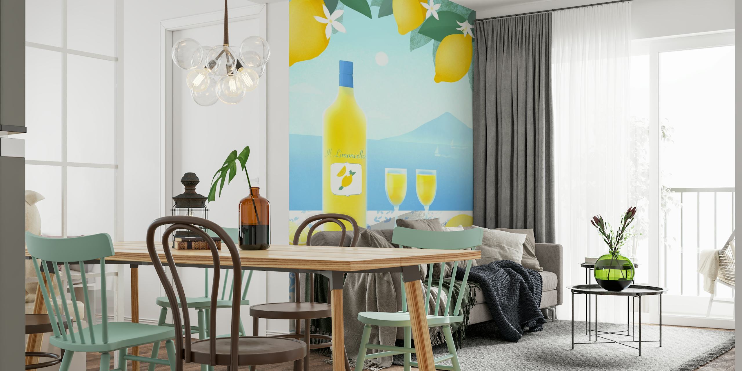 Mural de limoncello con limoneros, botella de limoncello, vasos, vistas al mar y azulejos mediterráneos