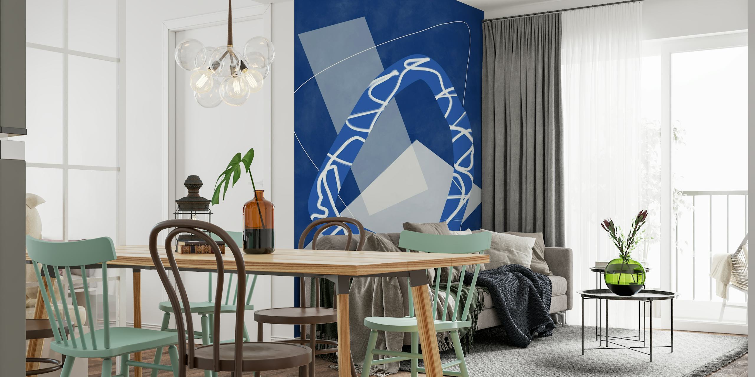 Indigo abstract geometric shapes wall mural with flowing lines