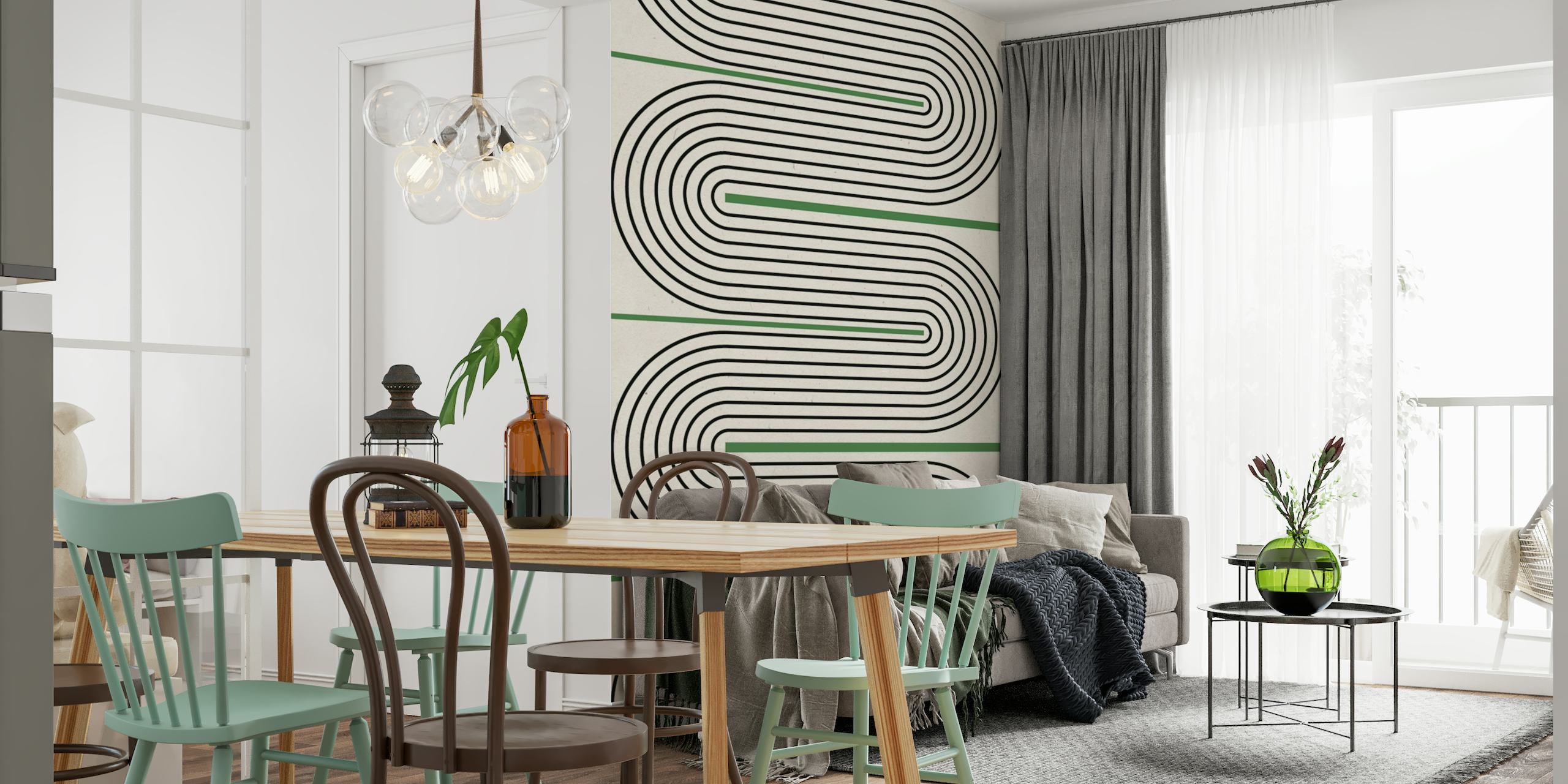 Mid-century modern wall mural with green and black lines on a neutral background