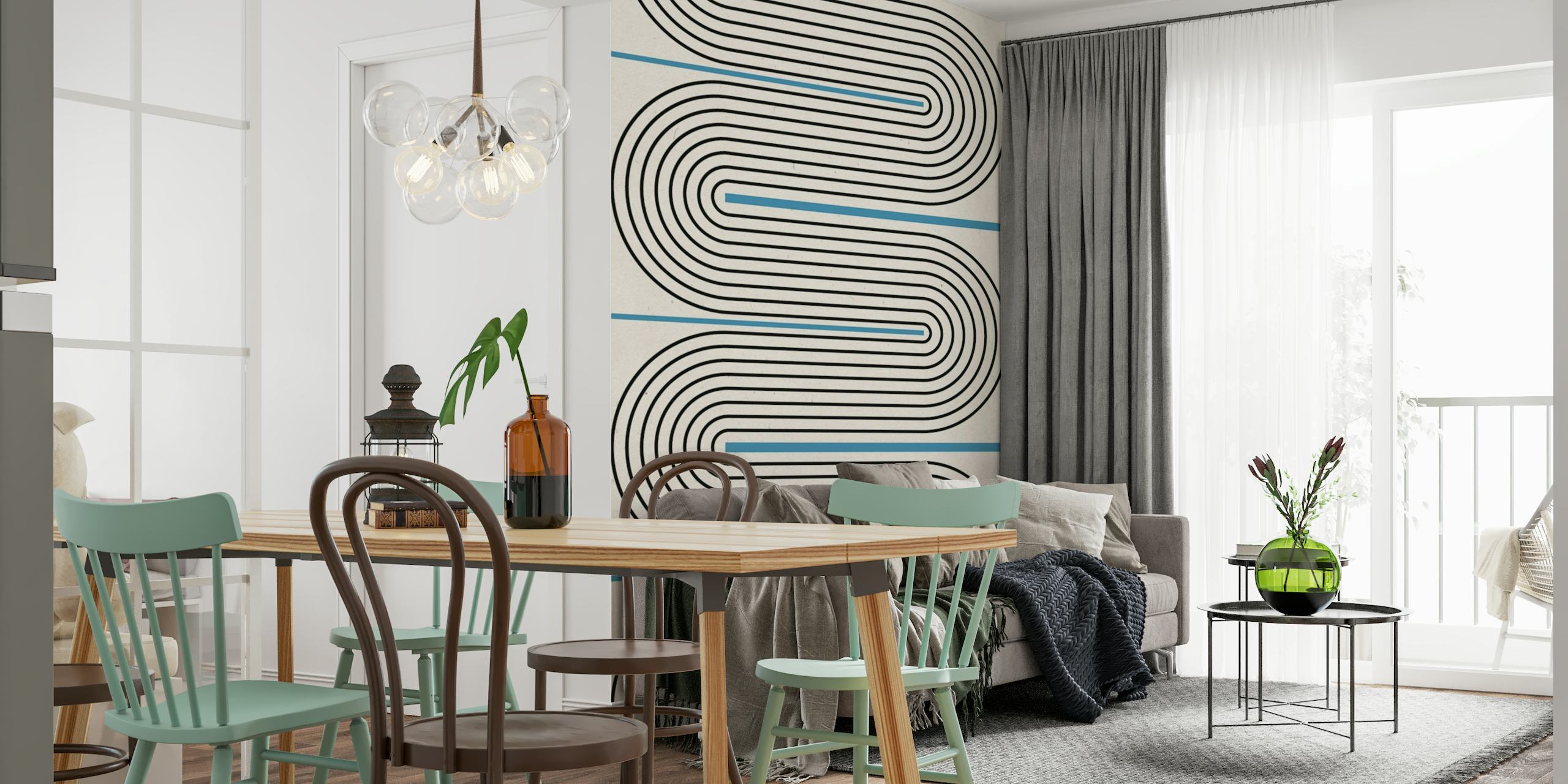 Linee astratte blu e nere che creano un design equilibrato e armonioso su un murale con sfondo neutro