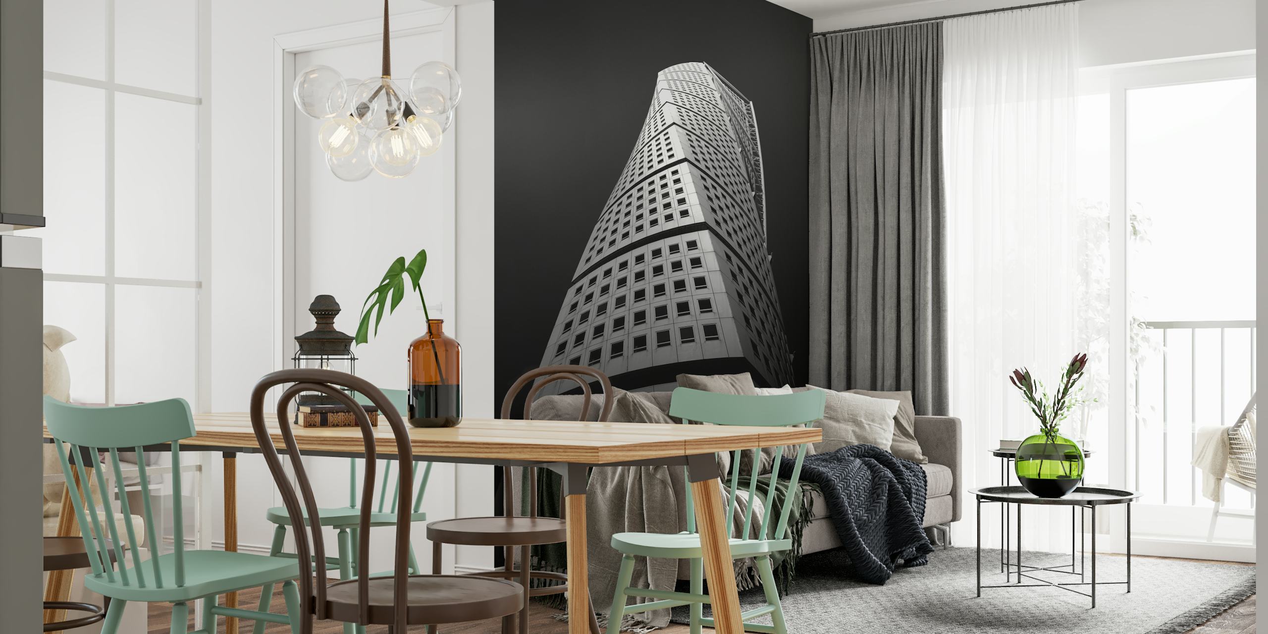 Monochrome wall mural of a twisting skyscraper against a dark sky