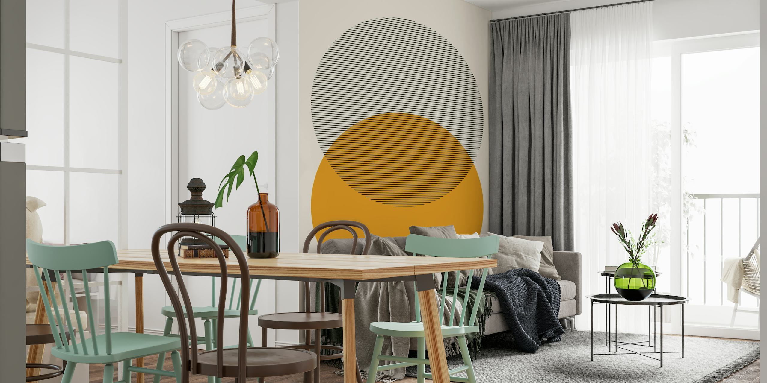 Mid Century Modern Shapes in Yellow wall mural with overlapping geometric circles