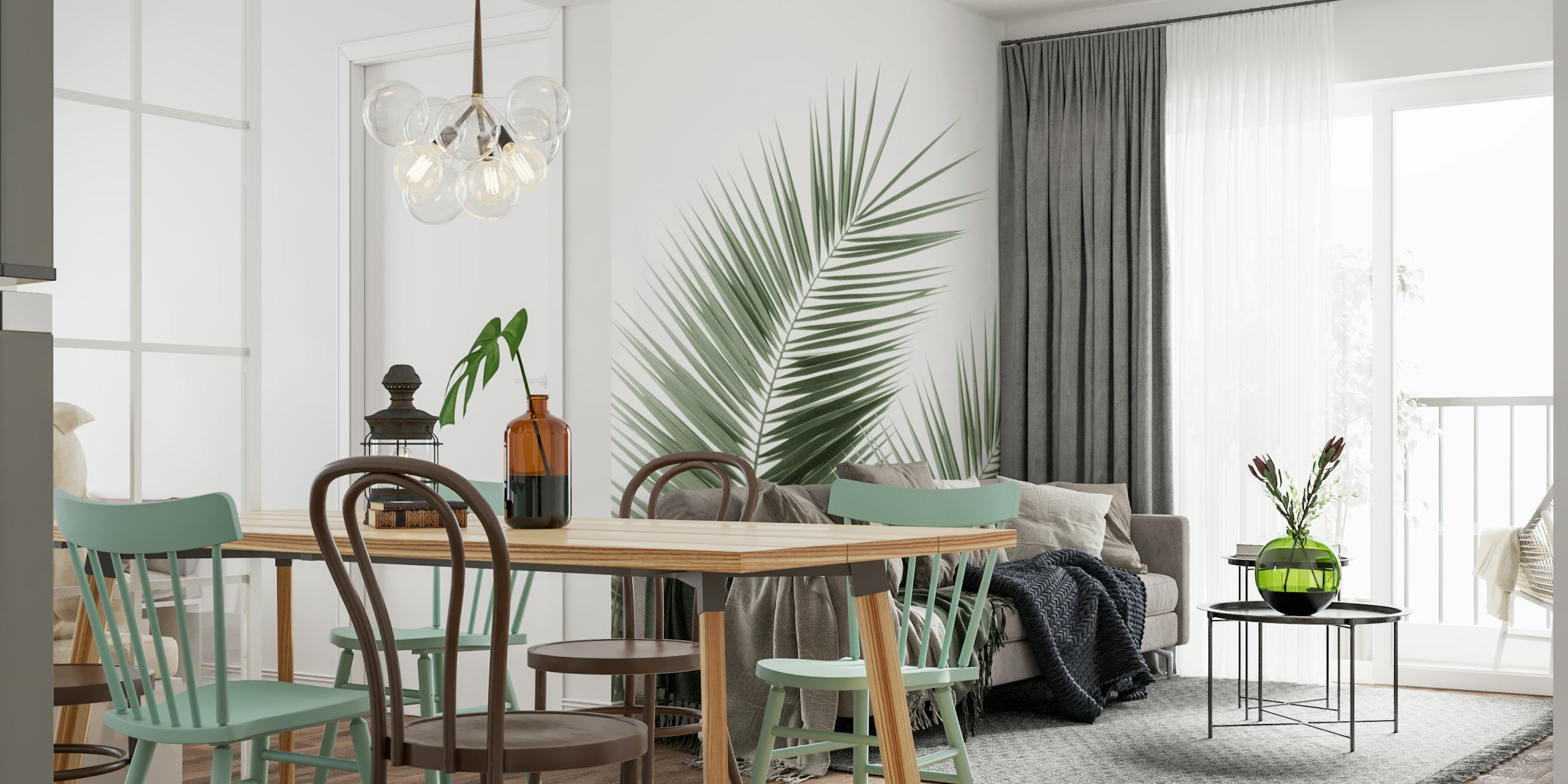 Olive Green Palm Leaves Tapete in einem Raum