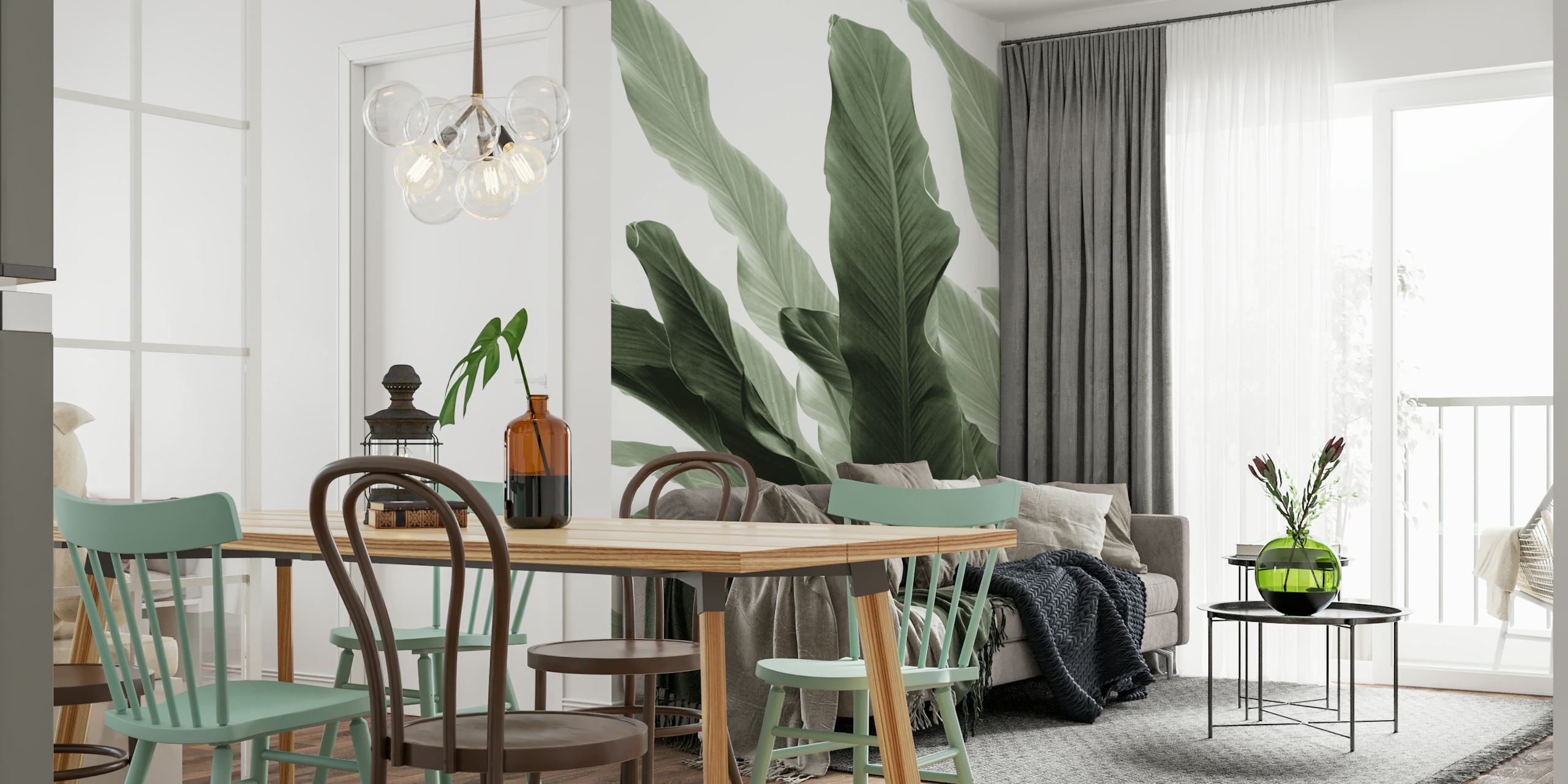 Monochromatic banana leaves wall mural creating a jungle theme