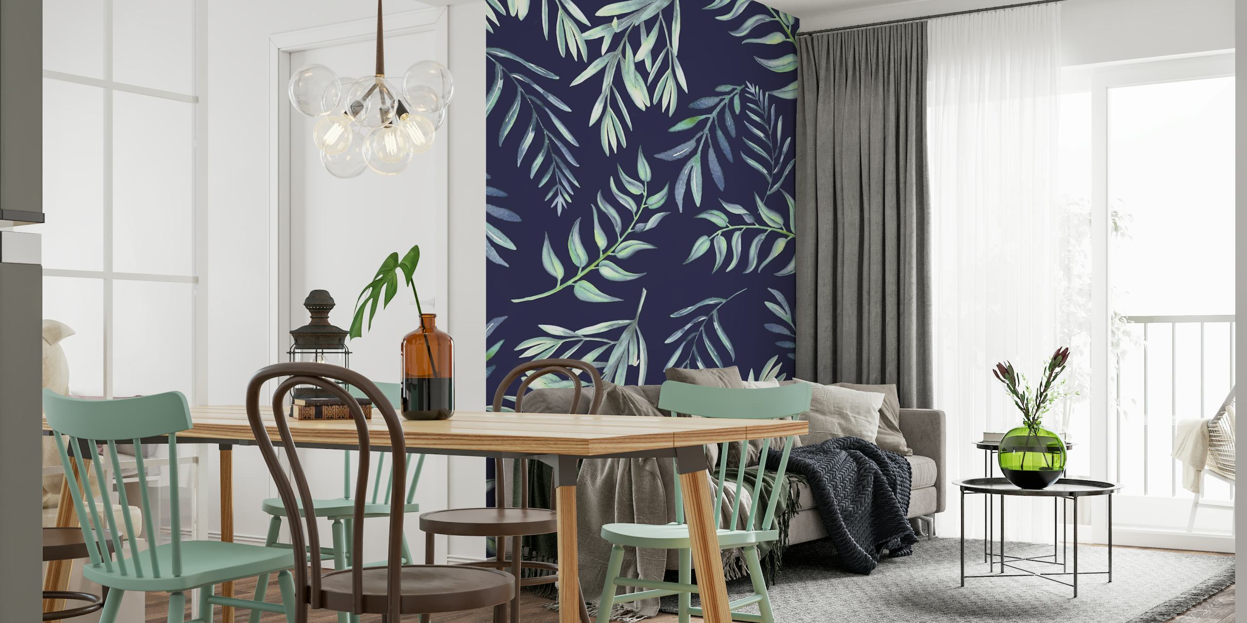 Floating Leaves Blue wall mural with stylized foliage on a dark blue background