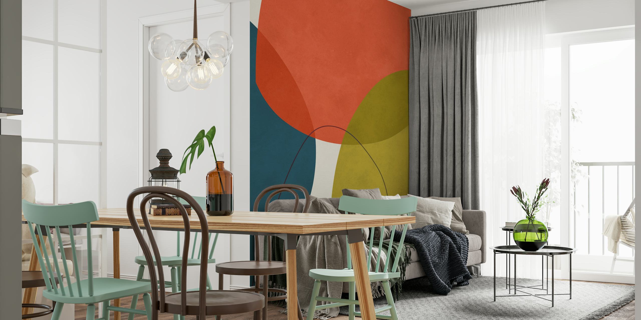 Colorful abstract shapes wallpaper in a room