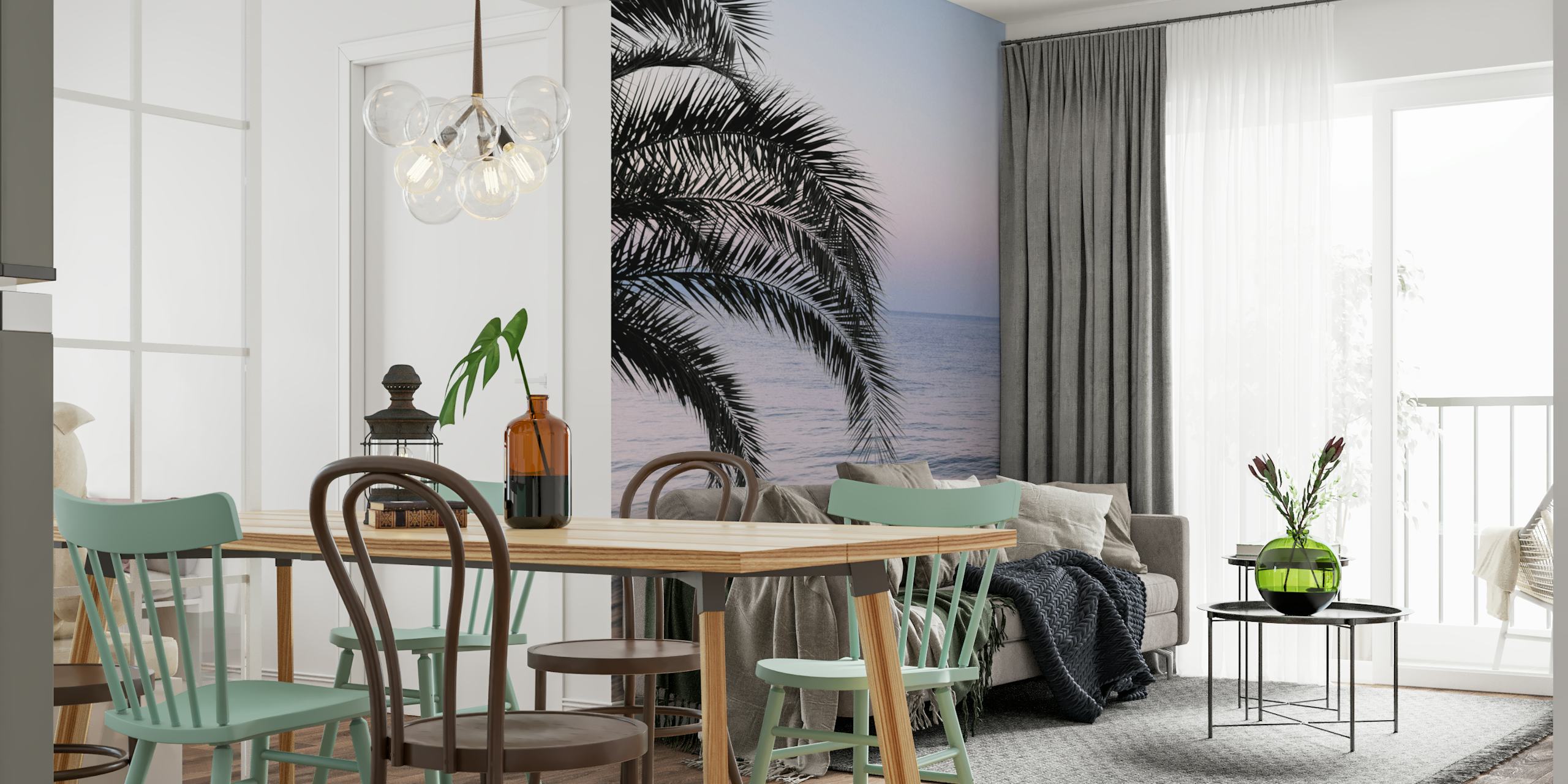 Tropical palm leaves over a soft ocean sunset wallpaper