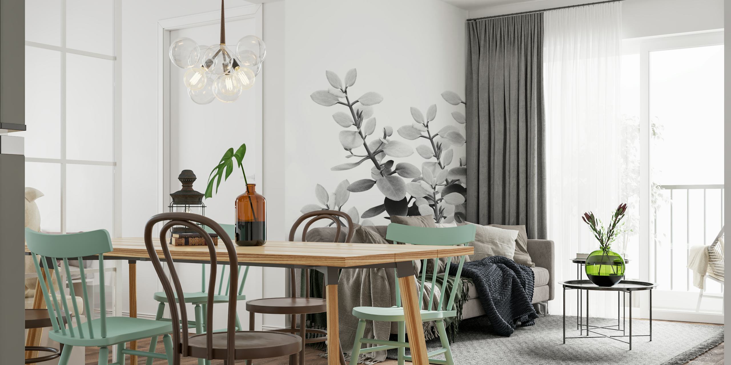 Μονοχρωματικά eucalyptus leaves σε ένα τοιχογραφία που δημιουργεί μια ηρεμιστική ατμόσφαιρα
