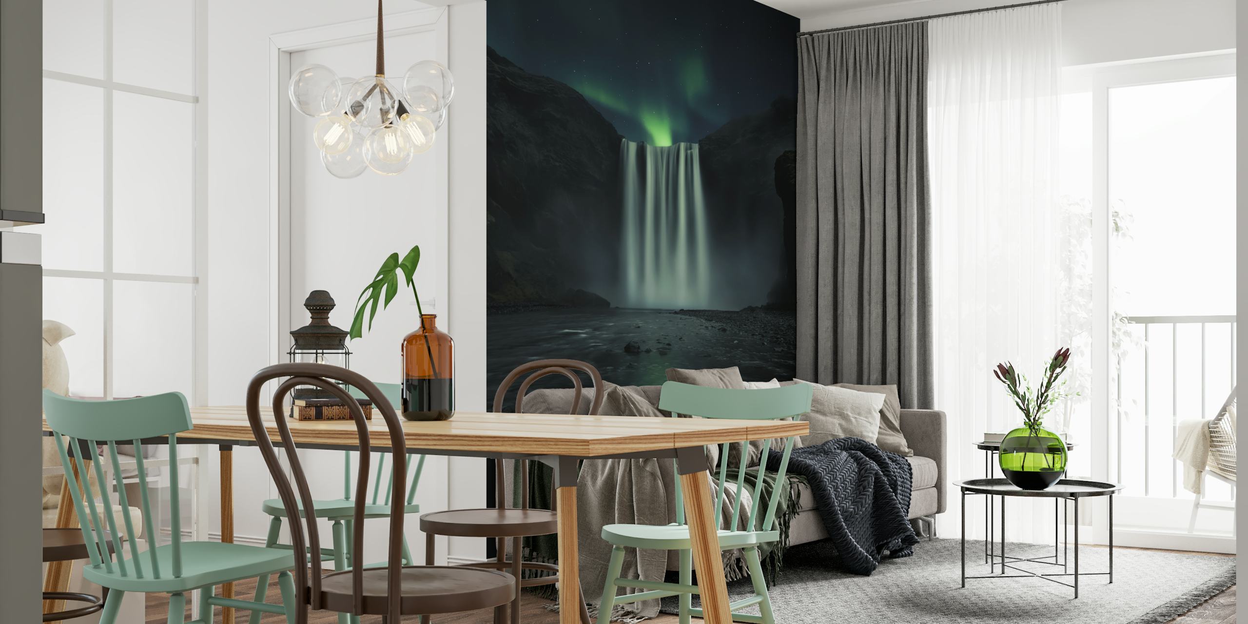 Green night wallpaper displayed in a room