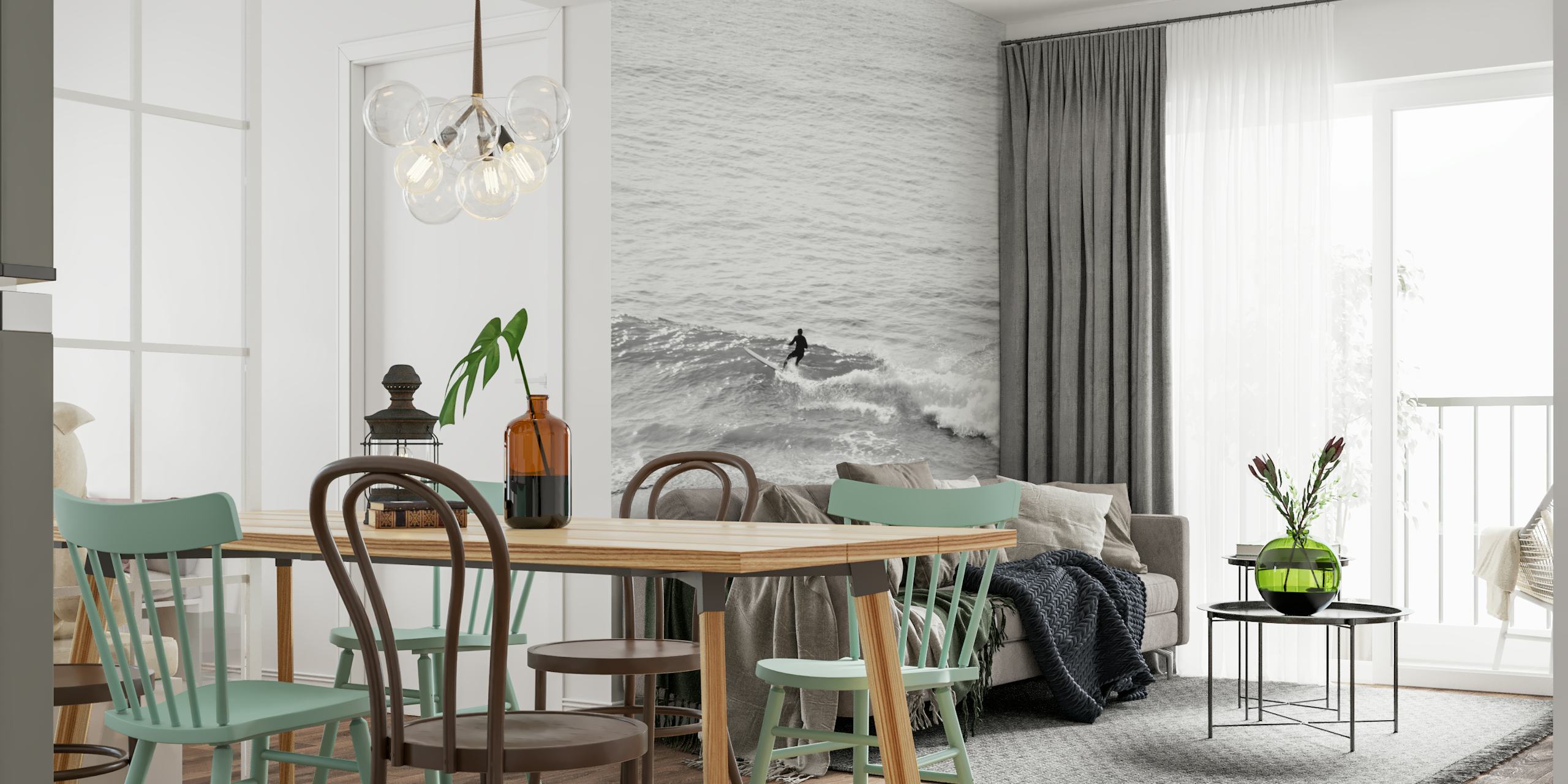 Murale in bianco e nero raffigurante un surfista solitario su un'onda dolce, che incarna un mix di tranquillità e avventura.