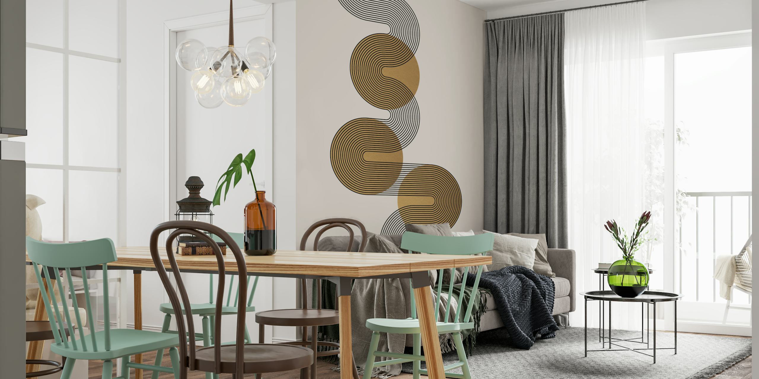 Mural de estilo Art Déco con ondas lineales intercaladas con círculos dorados