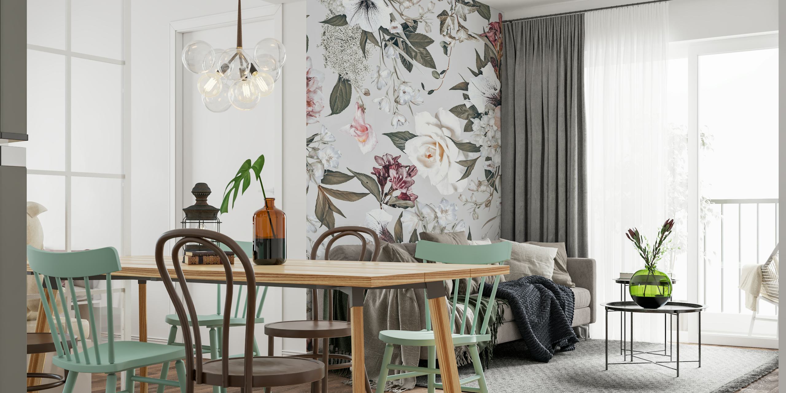 Floral vintage wallpaper in soft pastels with rose and pink hues