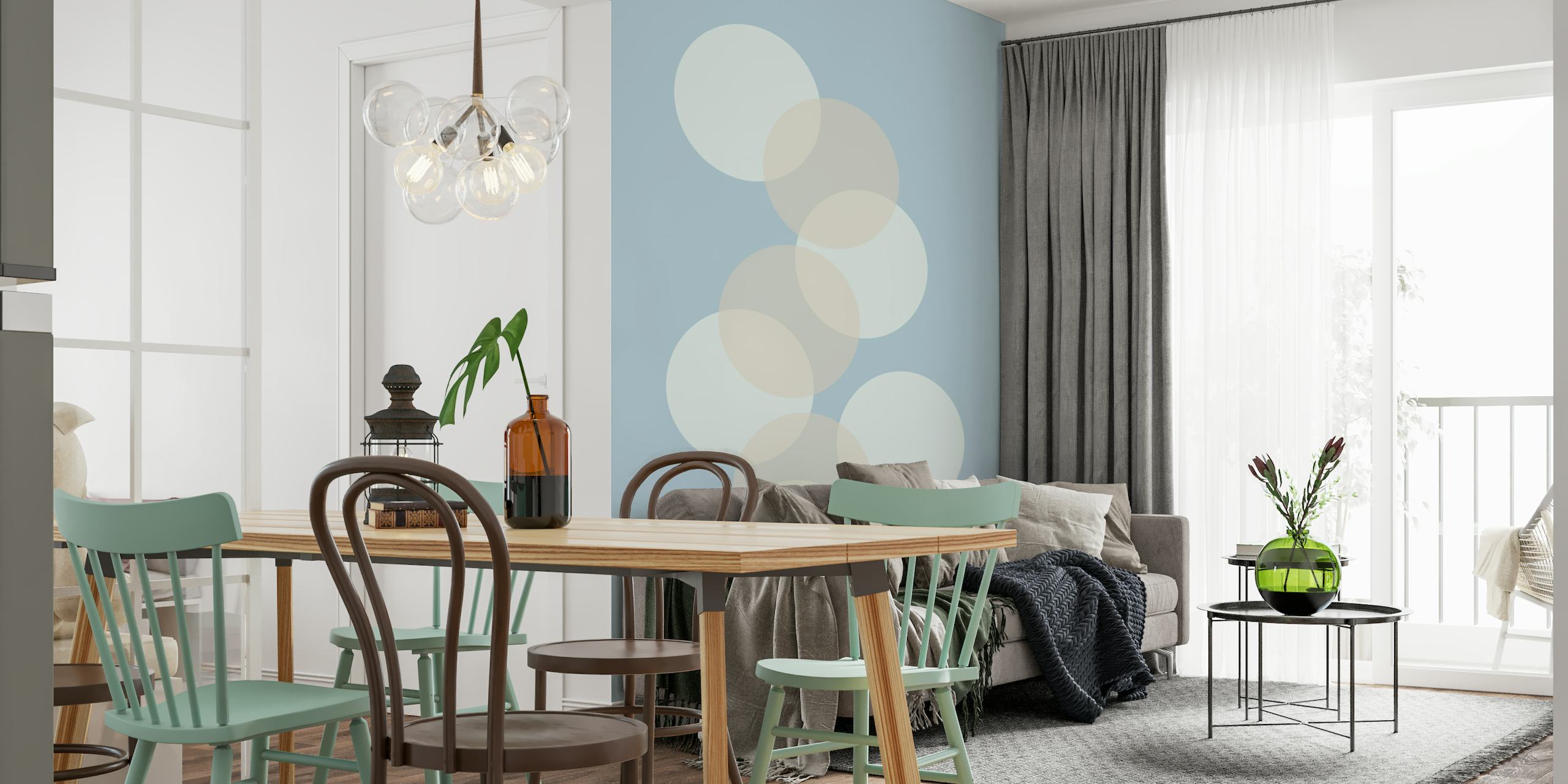 Abstract floating circles wall mural in soft whites and greys