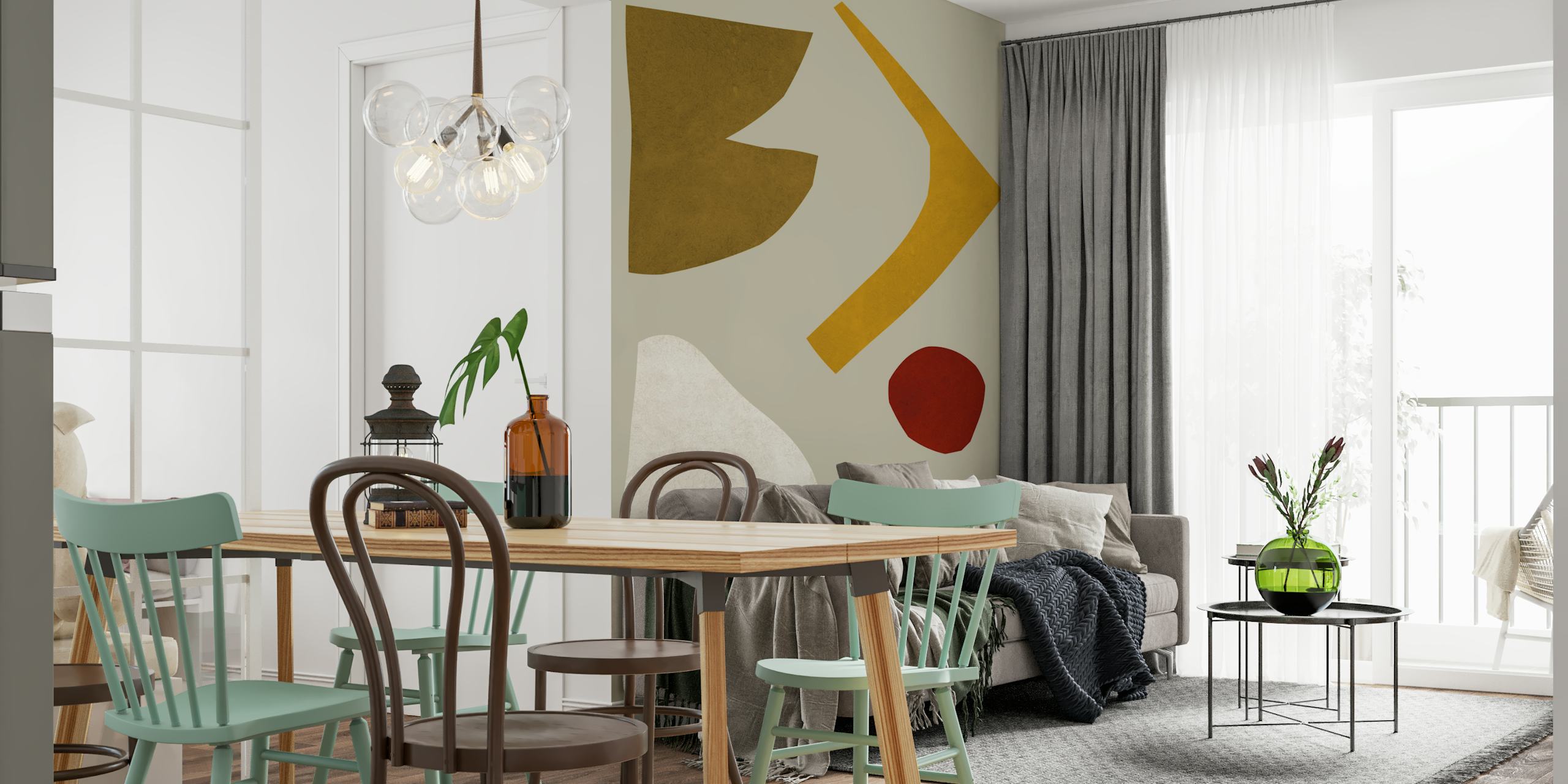 Abstract geometric shapes in earthy tones: brown, yellow, red, navy on a beige background wallpaper