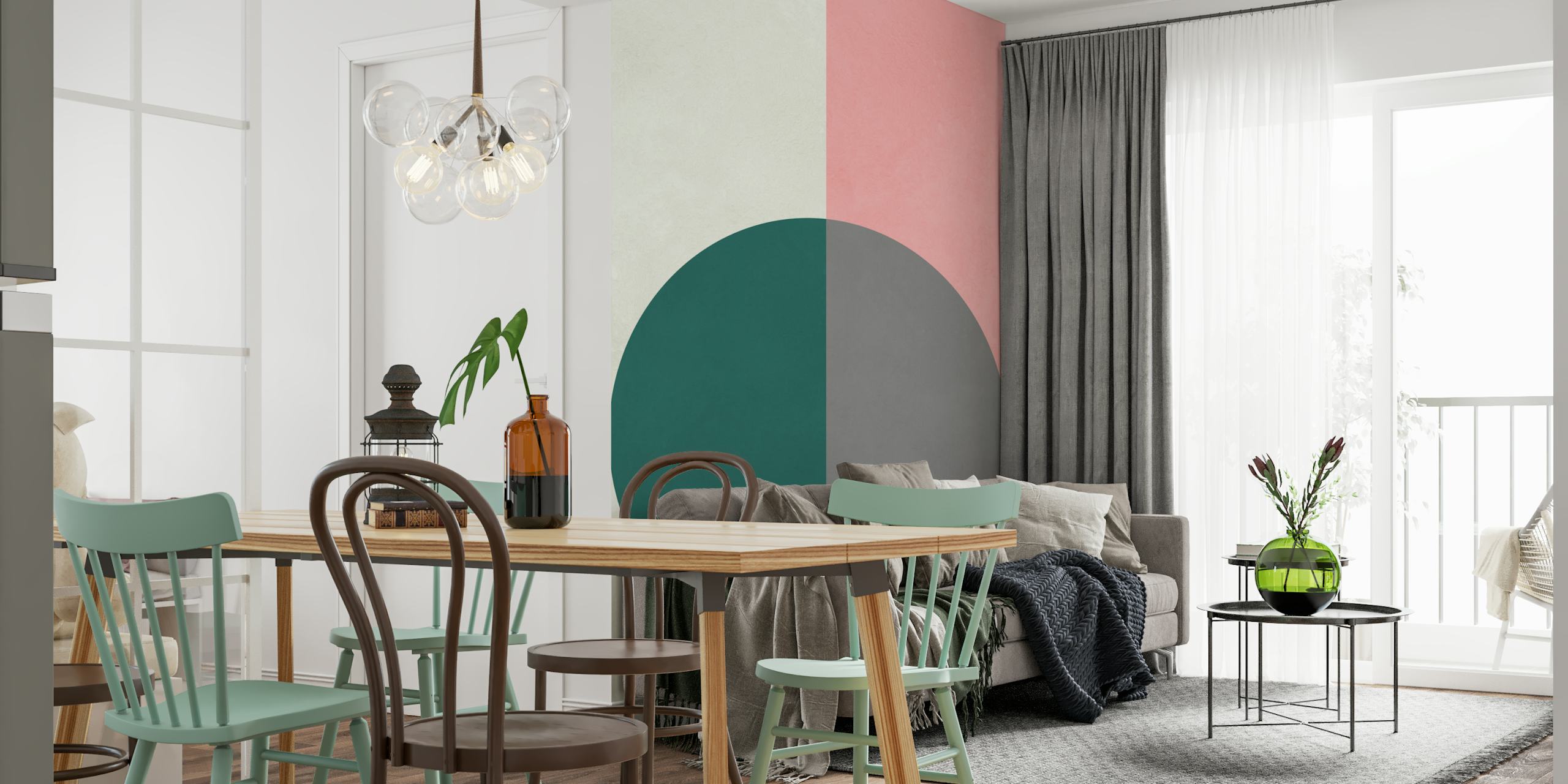 Contemporary and Modern 13 wall mural with geometric circle design in emerald green, grey, pink, and white