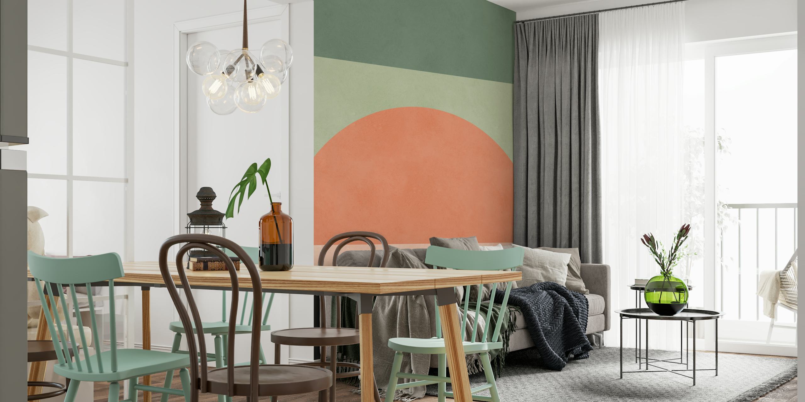 Murales d'arte contemporanea minimalista con un semicircolo in toni pesca caldi su uno sfondo rigato verde mare e nero