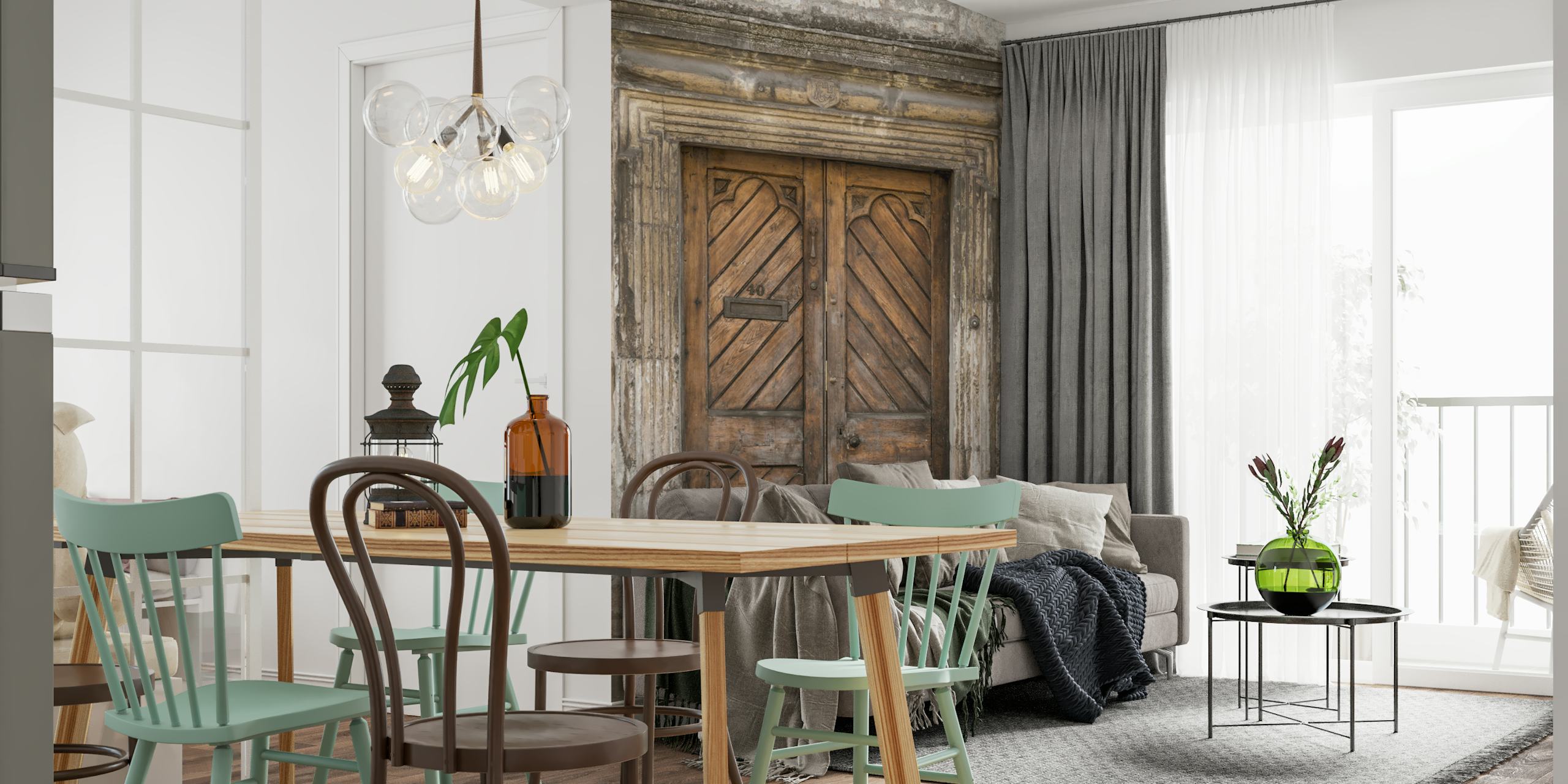 Rustic wooden door with diagonal patterns and stone wall wallpaper