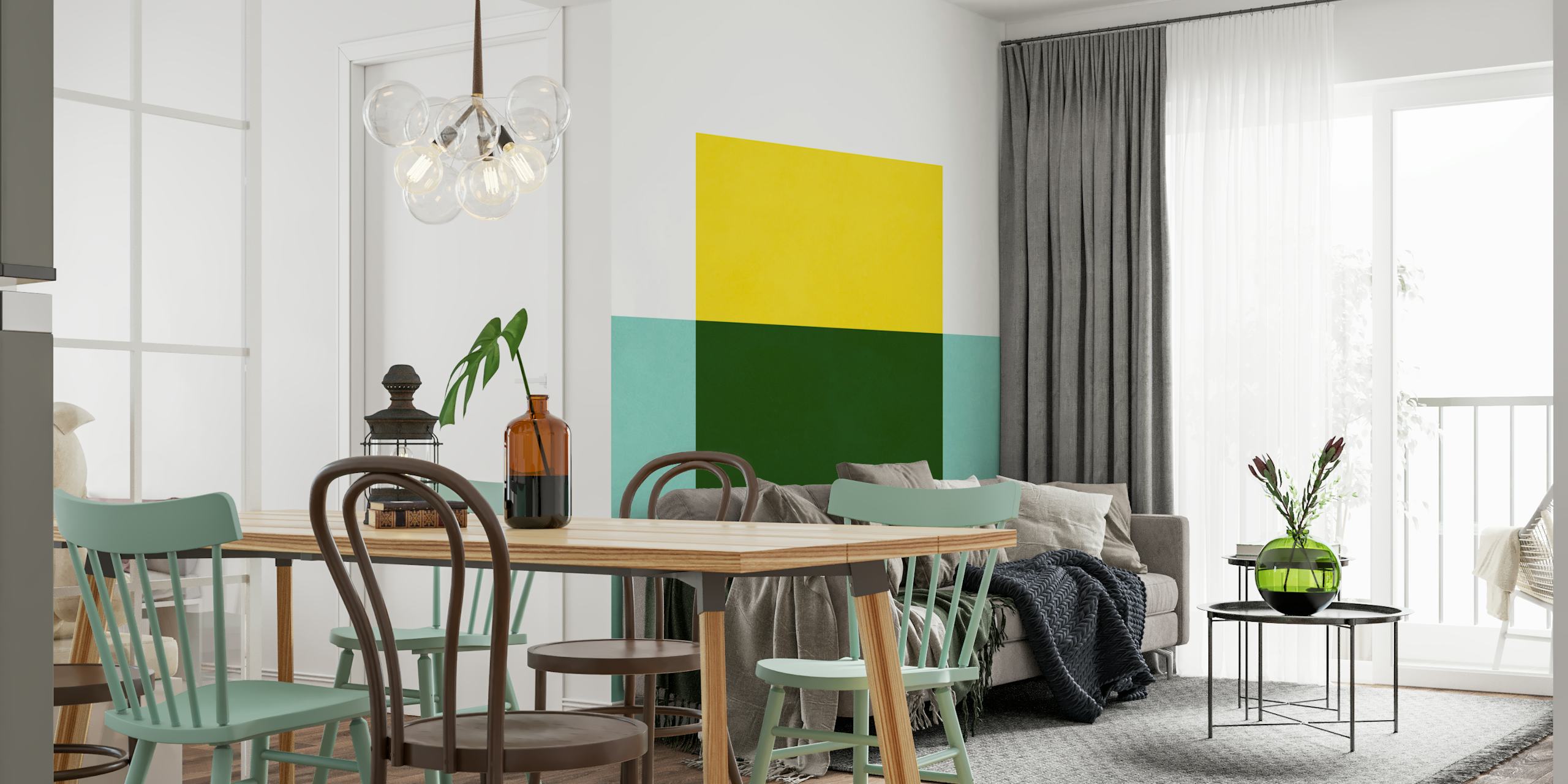 Geometric pattern with green and yellow blocks wallpaper