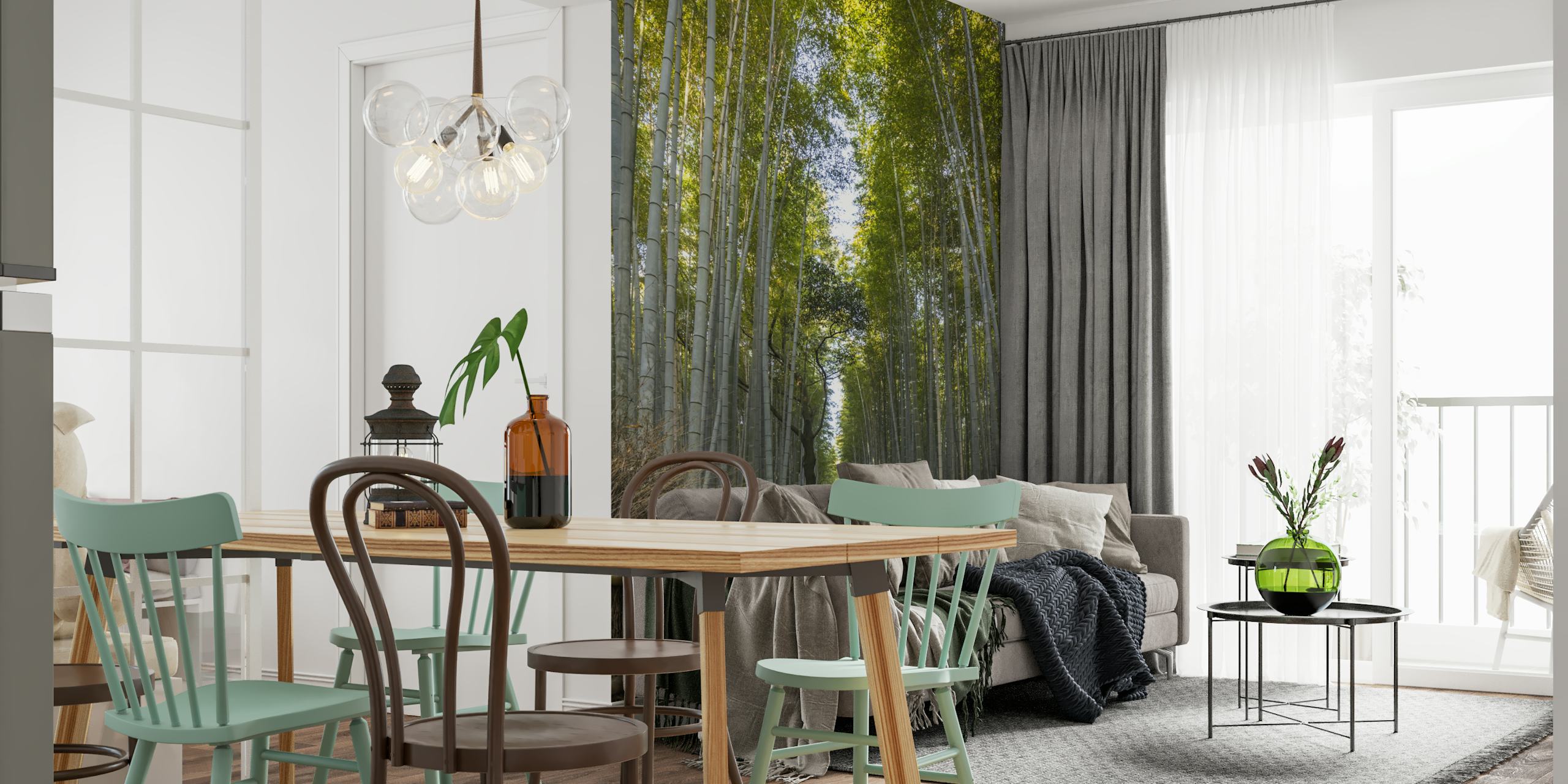 Bamboo trees in a forest with green leaves wallpaper